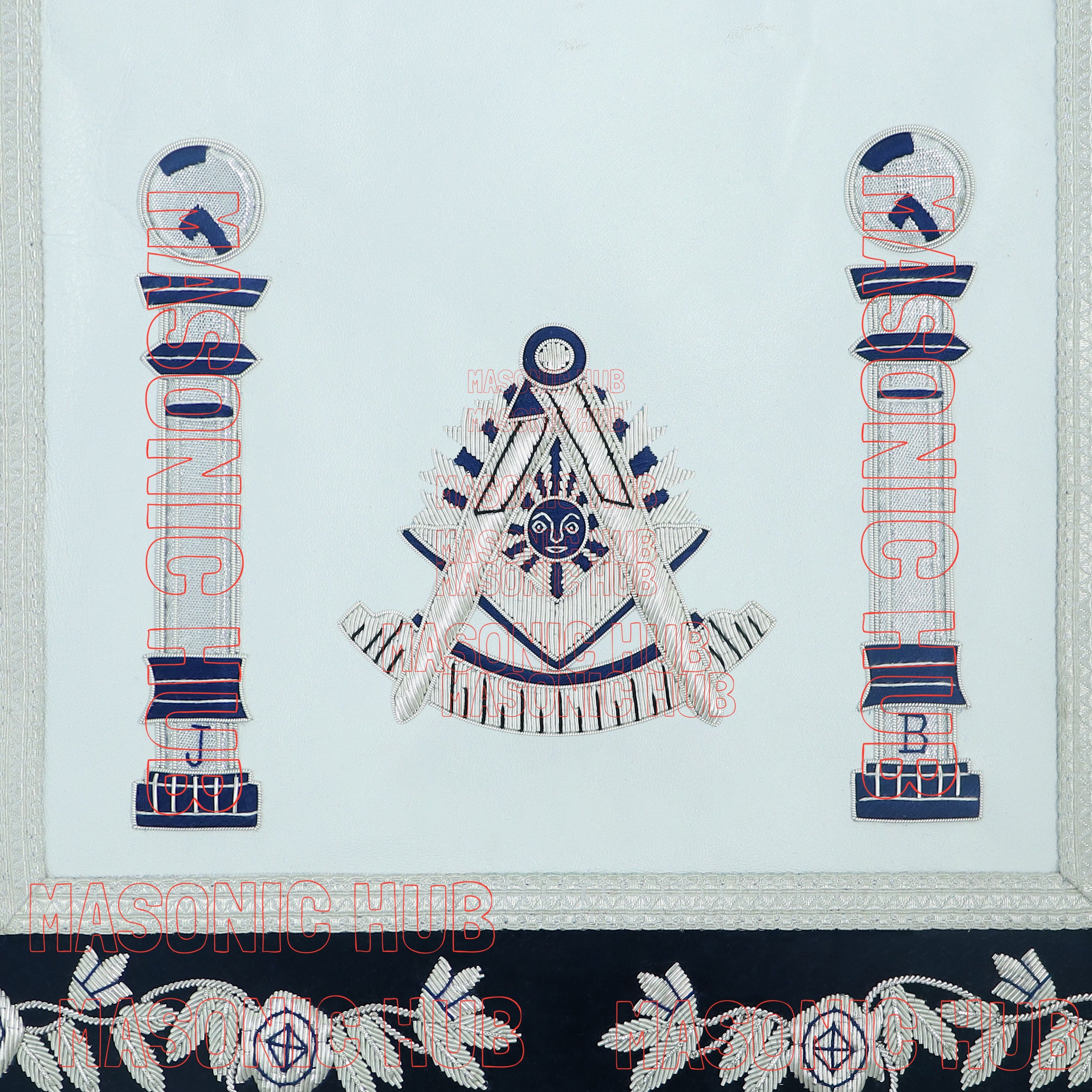 Masonic Past Master Apron | 100% Lambskin | Hand Embroidered Bullion | Navy Blue Velvet Pillar & Sunburst