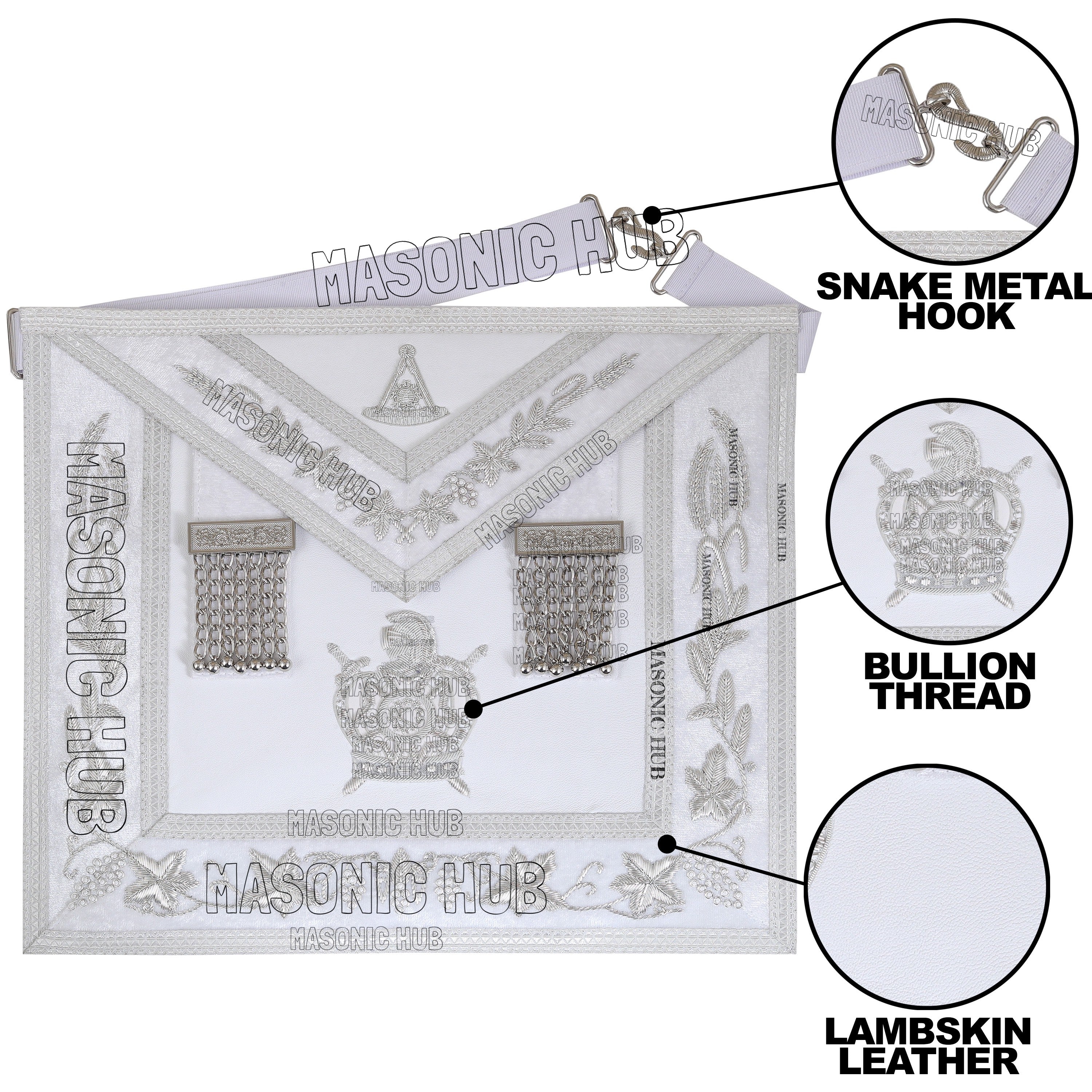 Masonic Past Master DeMolay Apron - White with Silver Bullion Embroidery & DeMolay Logo My Store