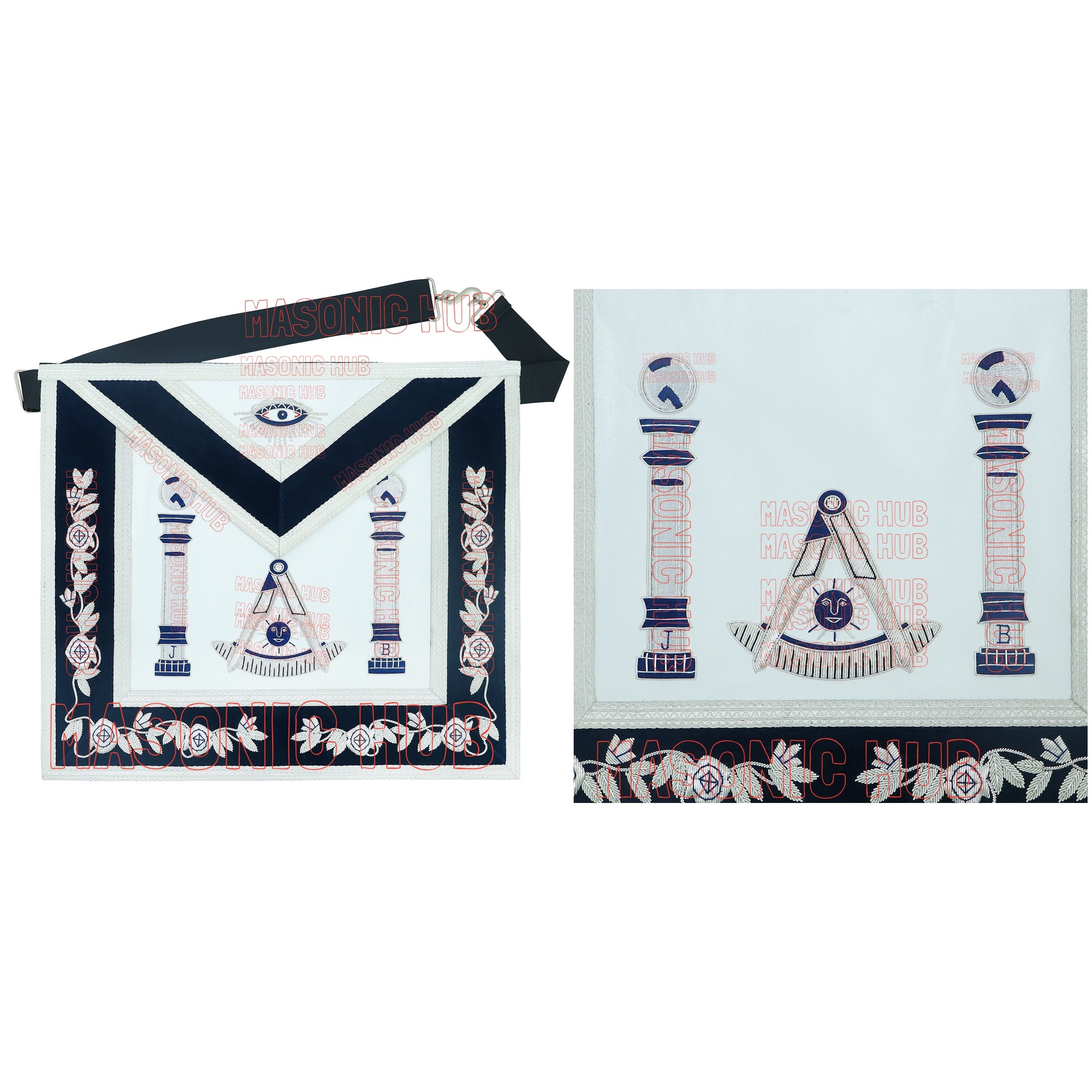 Masonic Past Master Mason Lambskin Compass and Quadrant Apron - Navy Blue Velvet My Store