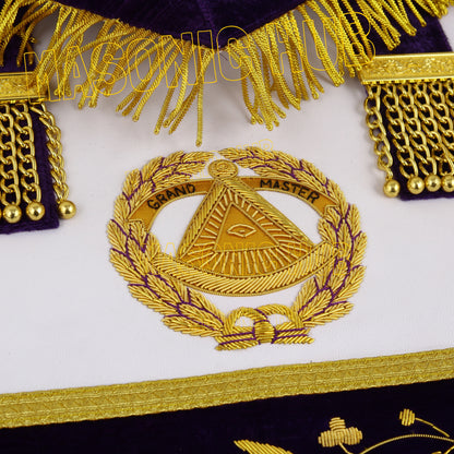 Masonic Grand Master Apron Set – Sheepskin Leather, Gold Bullion Embroidery + Chain Collar, Jewel & Gauntlet Cuffs
