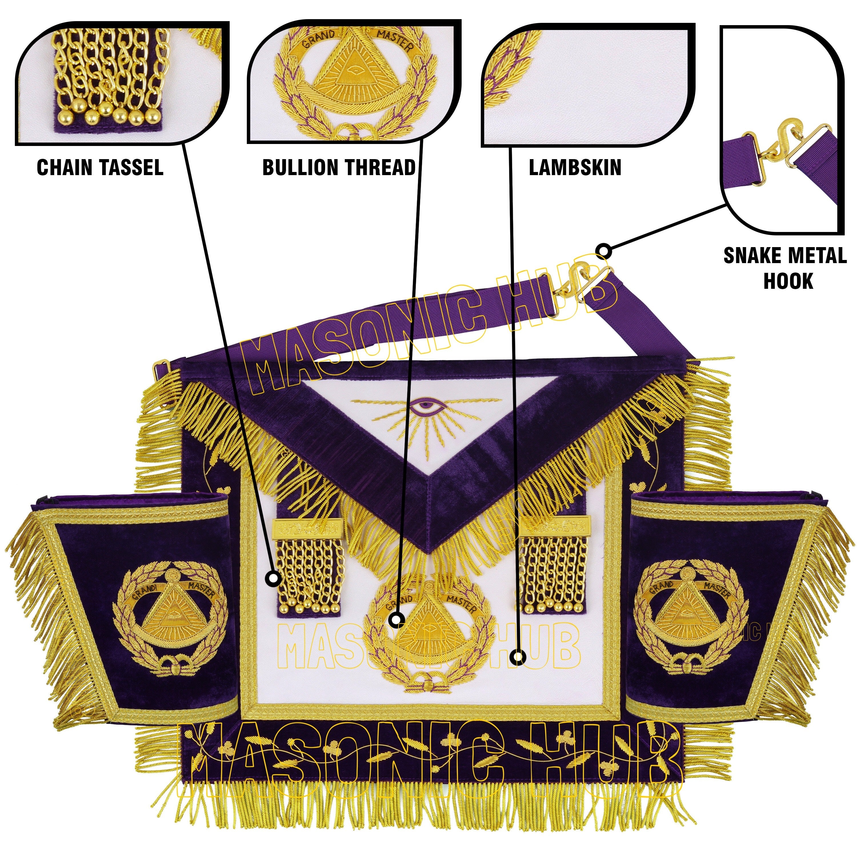 Masonic Grand Master Apron Set – Genuine Sheepskin Leather, Gold Bullion Embroidery + Matching Cuffs Masonic Hub