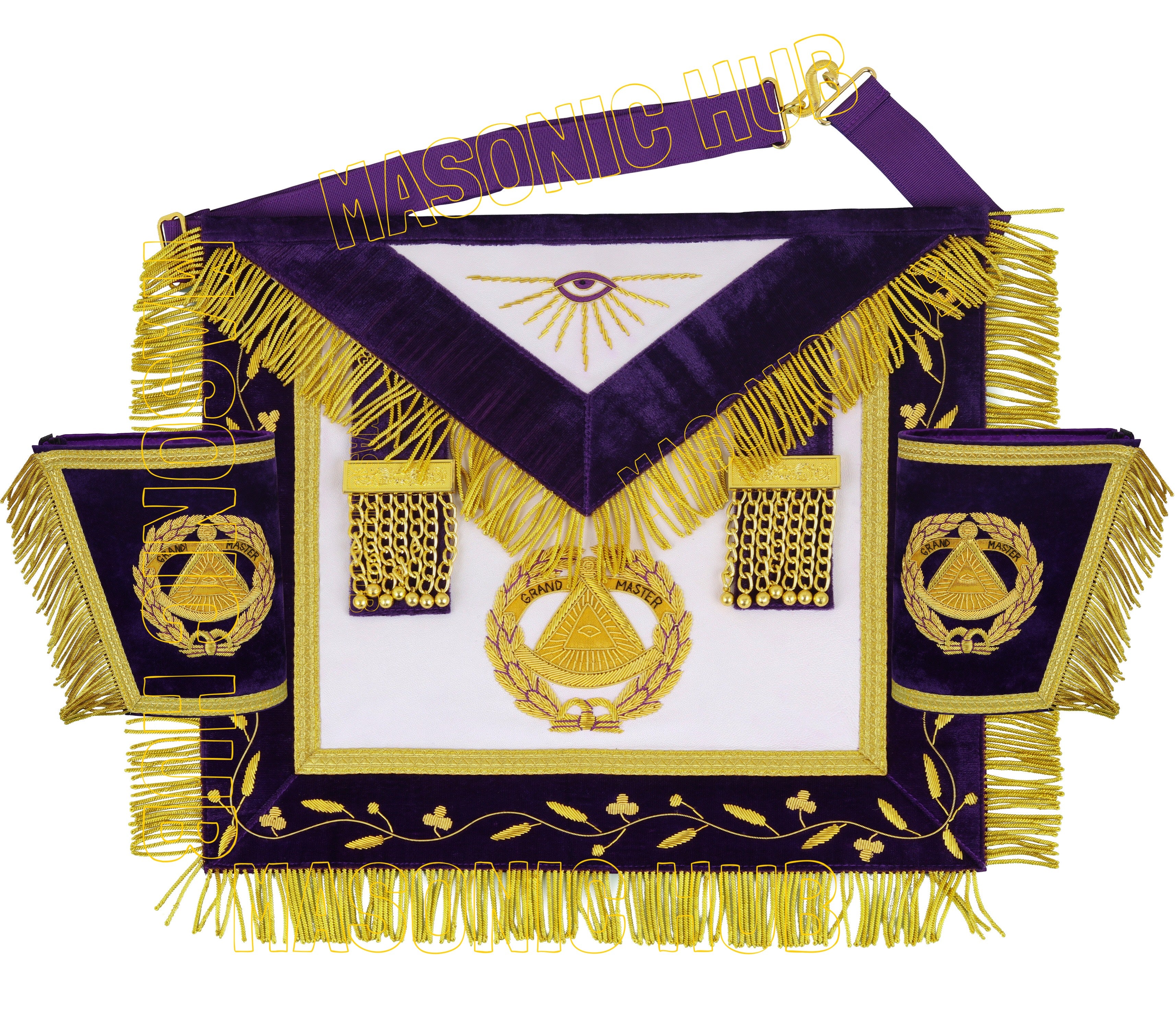 Masonic Grand Master Apron Set – Genuine Sheepskin Leather, Gold Bullion Embroidery + Matching Cuffs