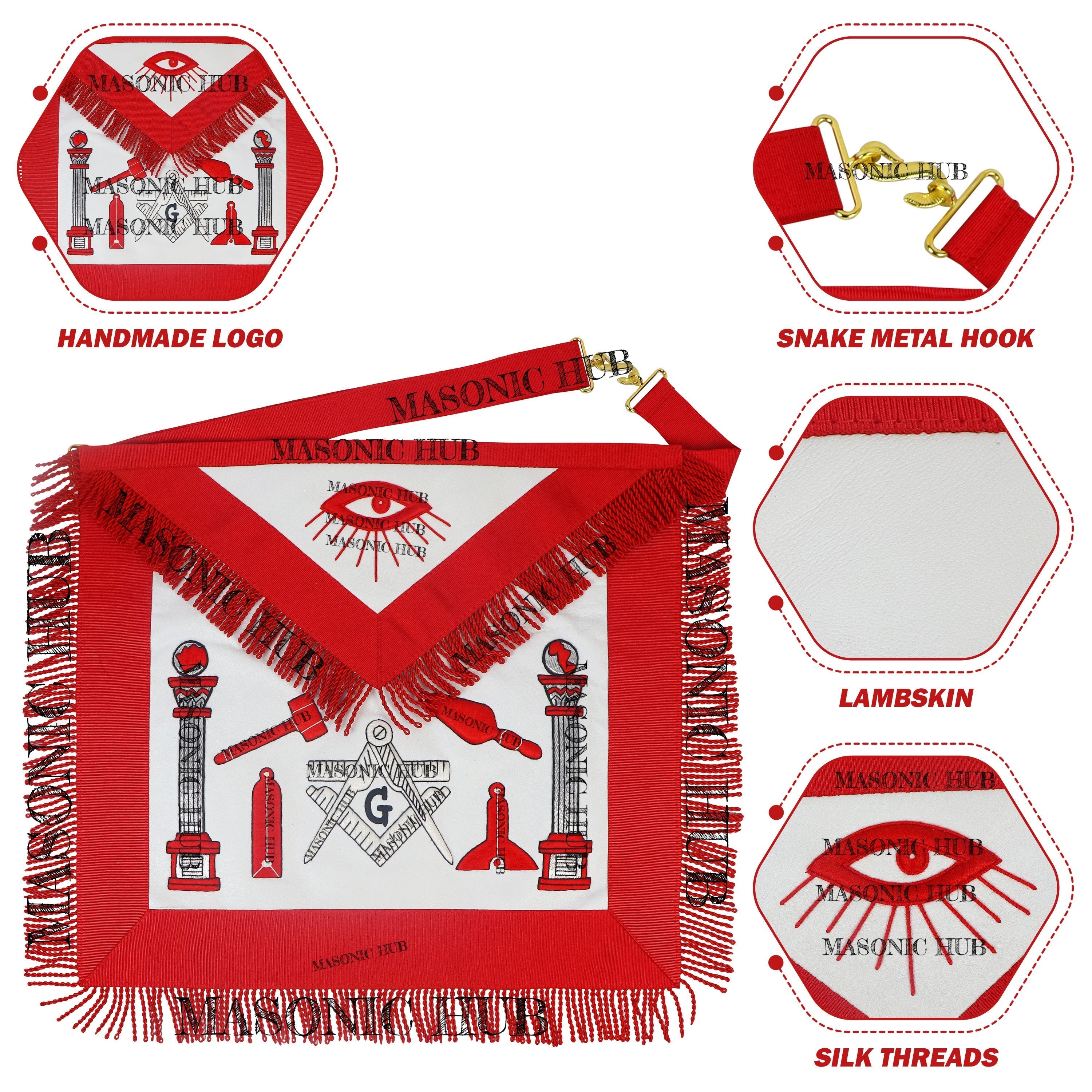 Handcrafted Lambskin Masonic Master Mason Working Tools Apron with Red Fringe My Store