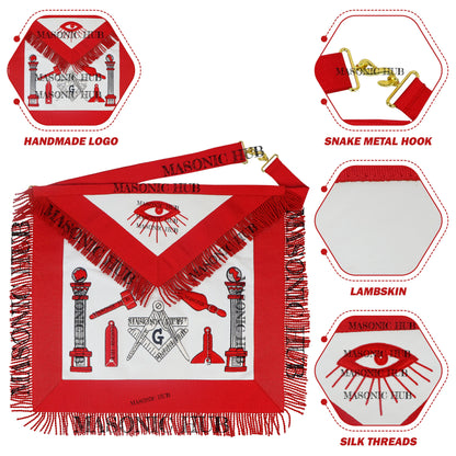 Handcrafted Lambskin Masonic Master Mason Working Tools Apron with Red Fringe