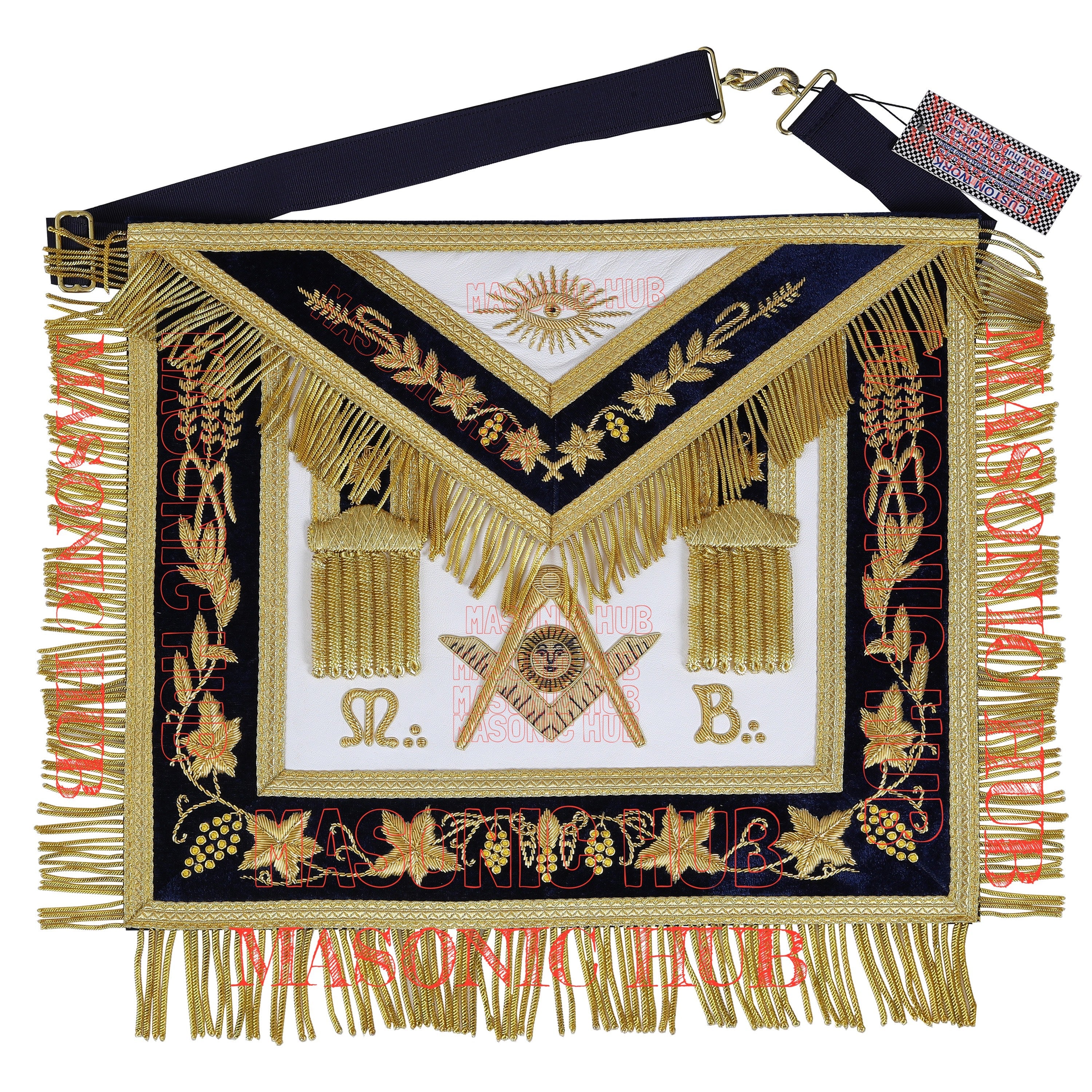 Handmade Masonic Past Master Apron - Compass & Square, Sun, M B - Gold Bullion Masonic Hub