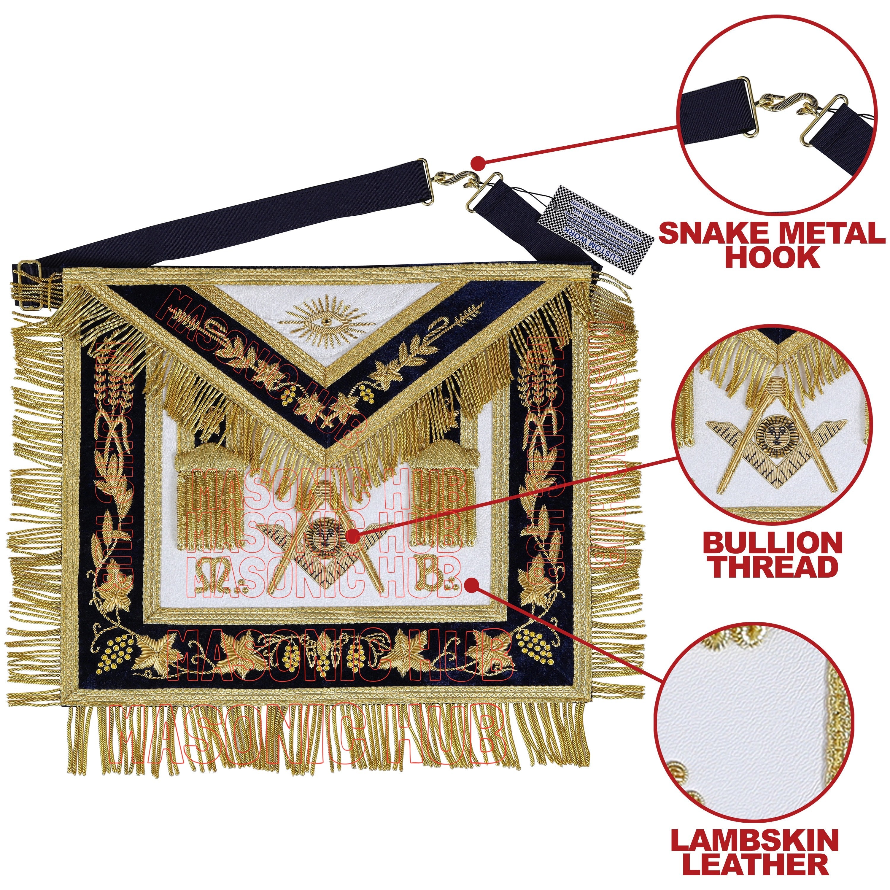 Handmade Masonic Past Master Apron - Compass & Square, Sun, M B - Gold Bullion Masonic Hub