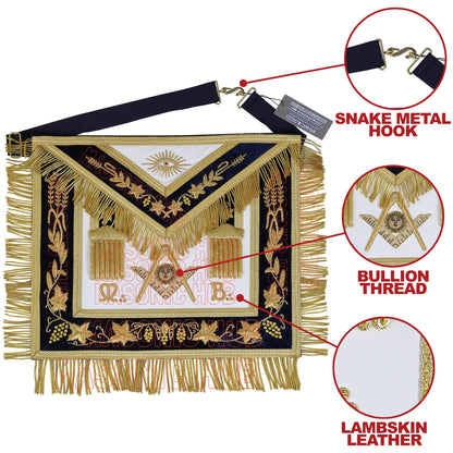 Handmade Masonic Past Master Apron - Compass & Square, Sun, M B - Gold Bullion