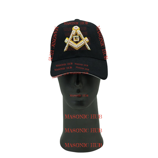 Handmade Masonic Compass & Square Baseball Cap – Bullion Embroidery & Rhinestone