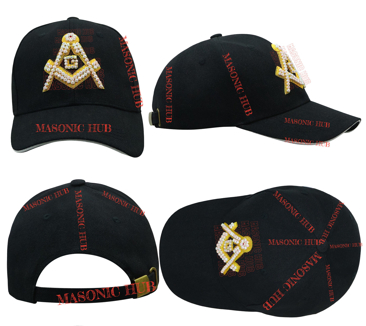 Handmade Masonic Compass & Square Baseball Cap – Bullion Embroidery - Rhinestone