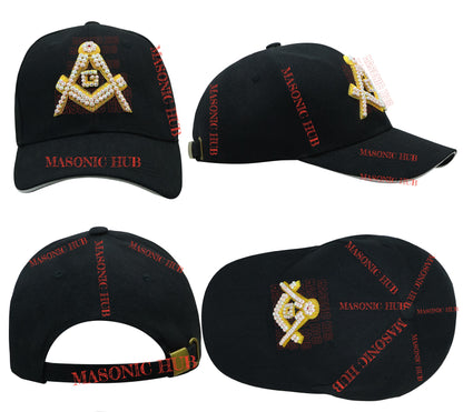 Handmade Masonic Compass & Square Baseball Cap – Bullion Embroidery - Rhinestone