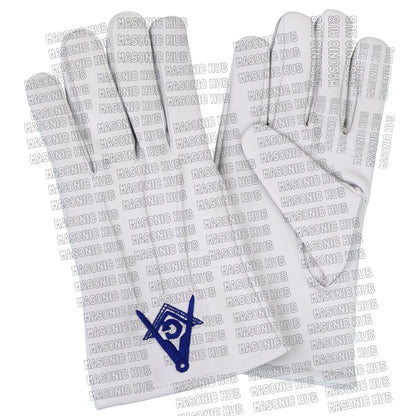 Master Mason White Leather Gloves – Square & Compass “G” Embroidered | Blue Lodge Masonic Regalia