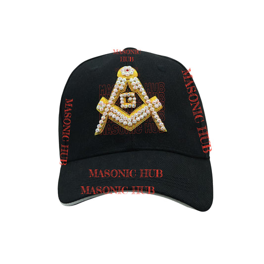 Handmade Masonic Compass & Square Baseball Cap – Bullion Embroidery - Rhinestone