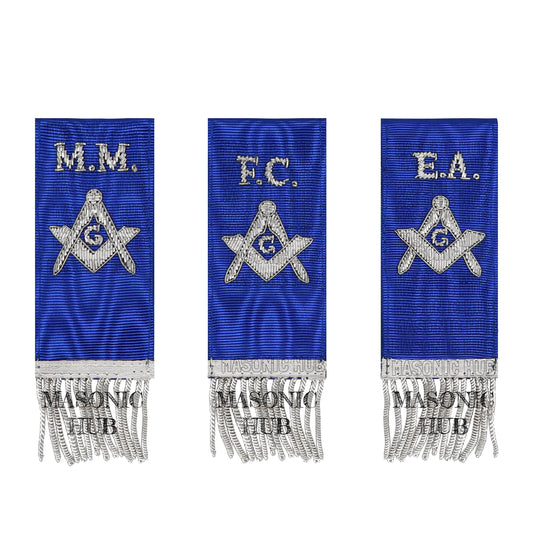 Masonic Bible Markers – Hand-Embroidered Royal Blue Ribbon with Silver Bullion Threads