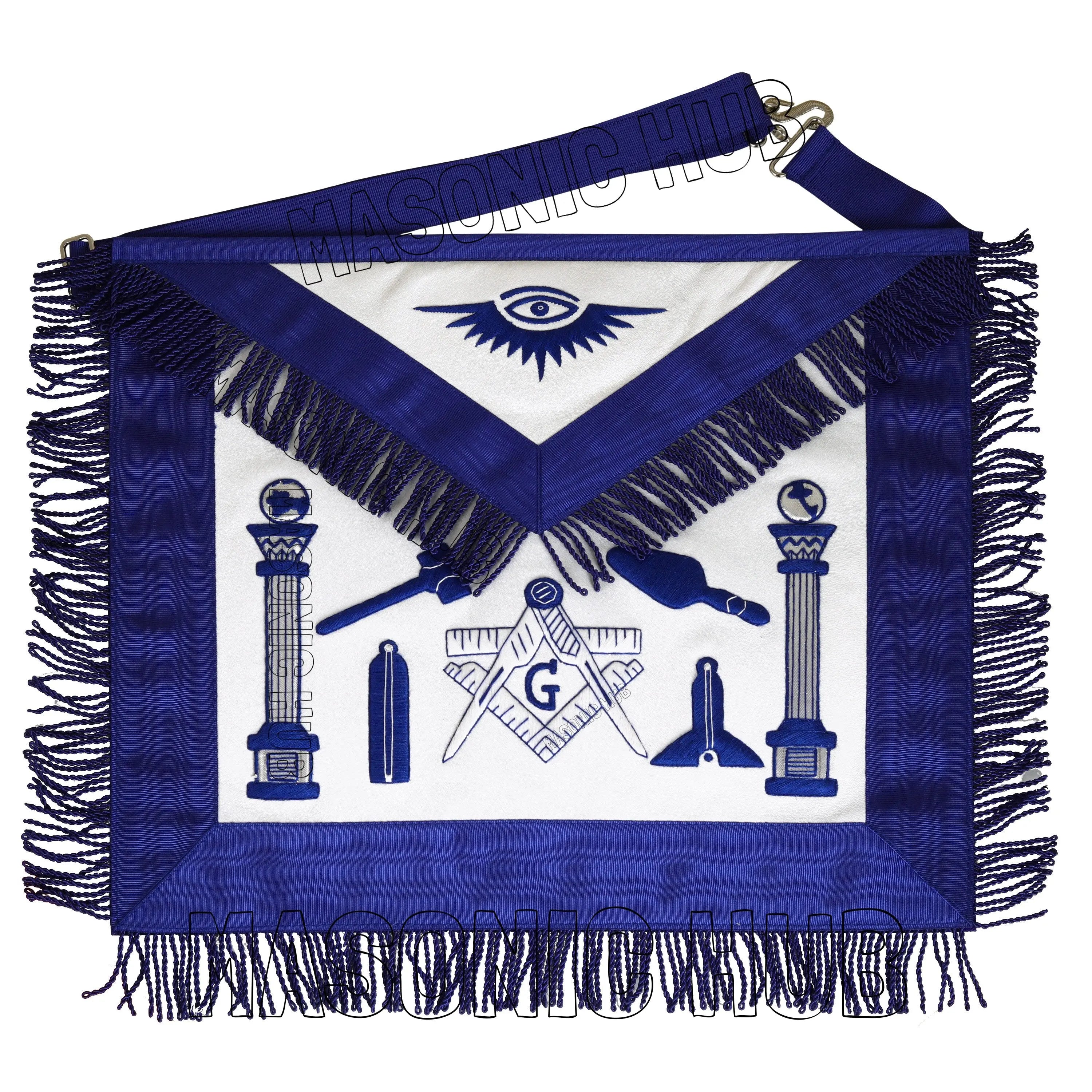 Handcrafted Lambskin Masonic Master Mason Working Tool Apron with Blue Fringe Masonic Hub