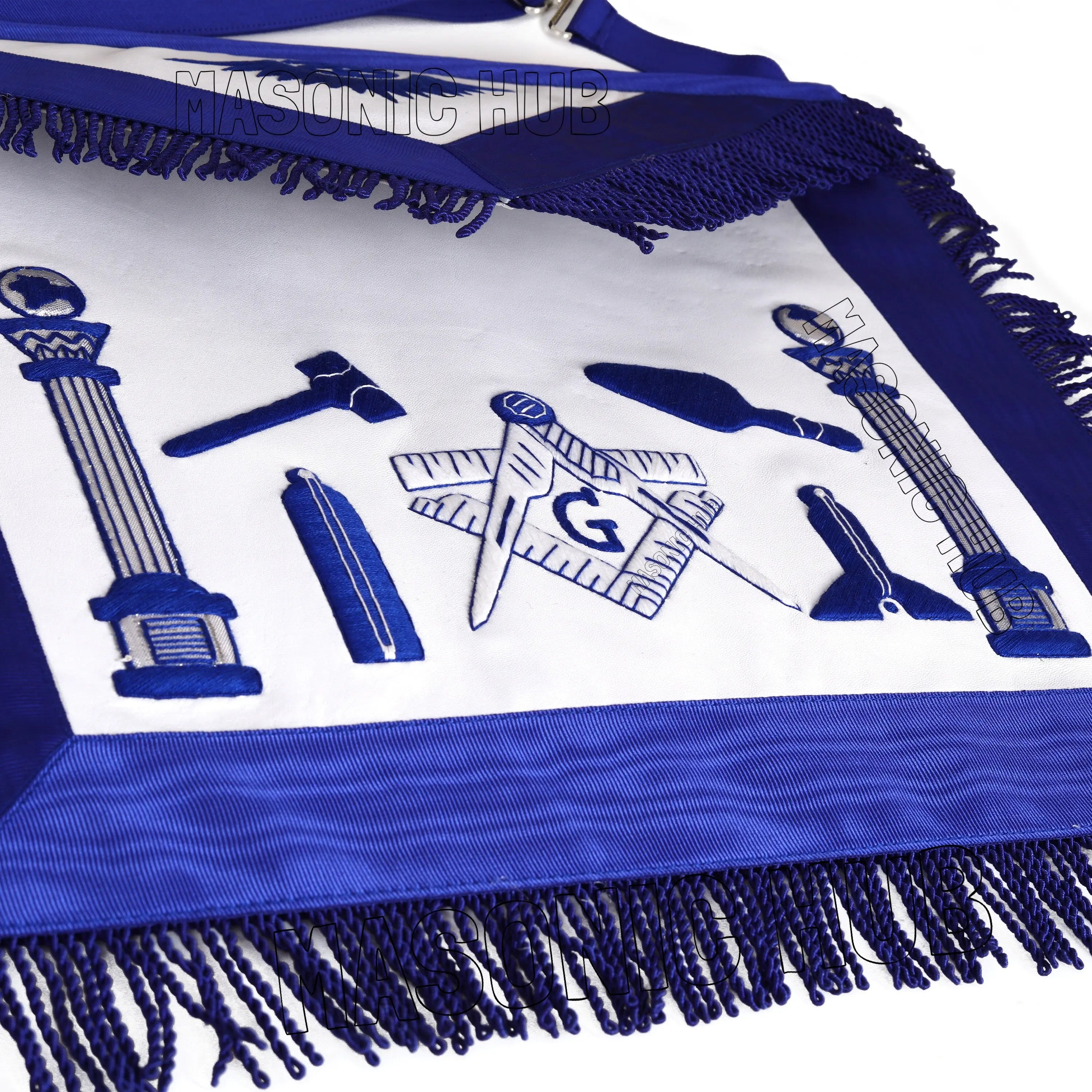 Handcrafted Lambskin Masonic Master Mason Working Tool Apron with Blue Fringe Masonic Hub