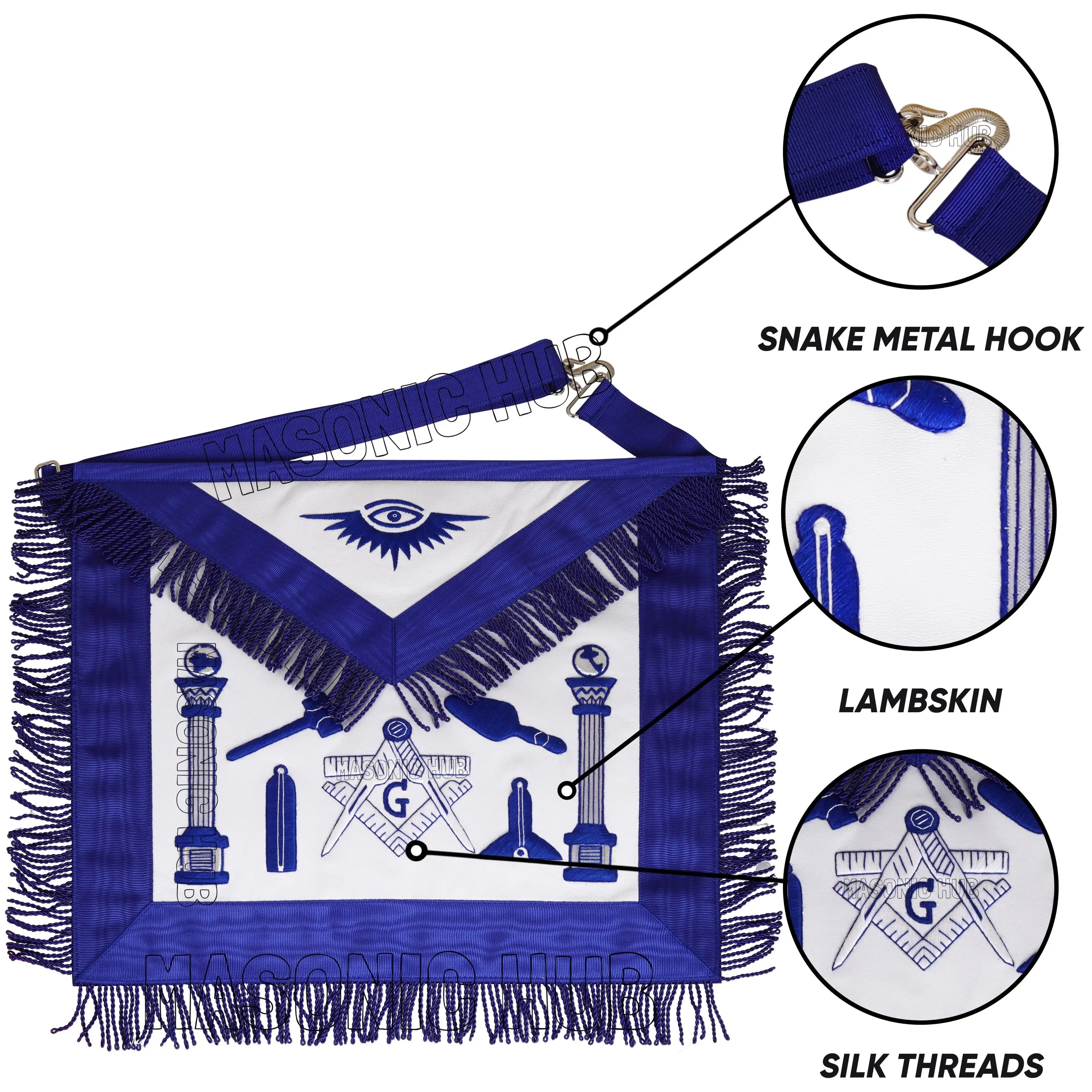 Handcrafted Lambskin Masonic Master Mason Working Tool Apron with Blue Fringe Masonic Hub