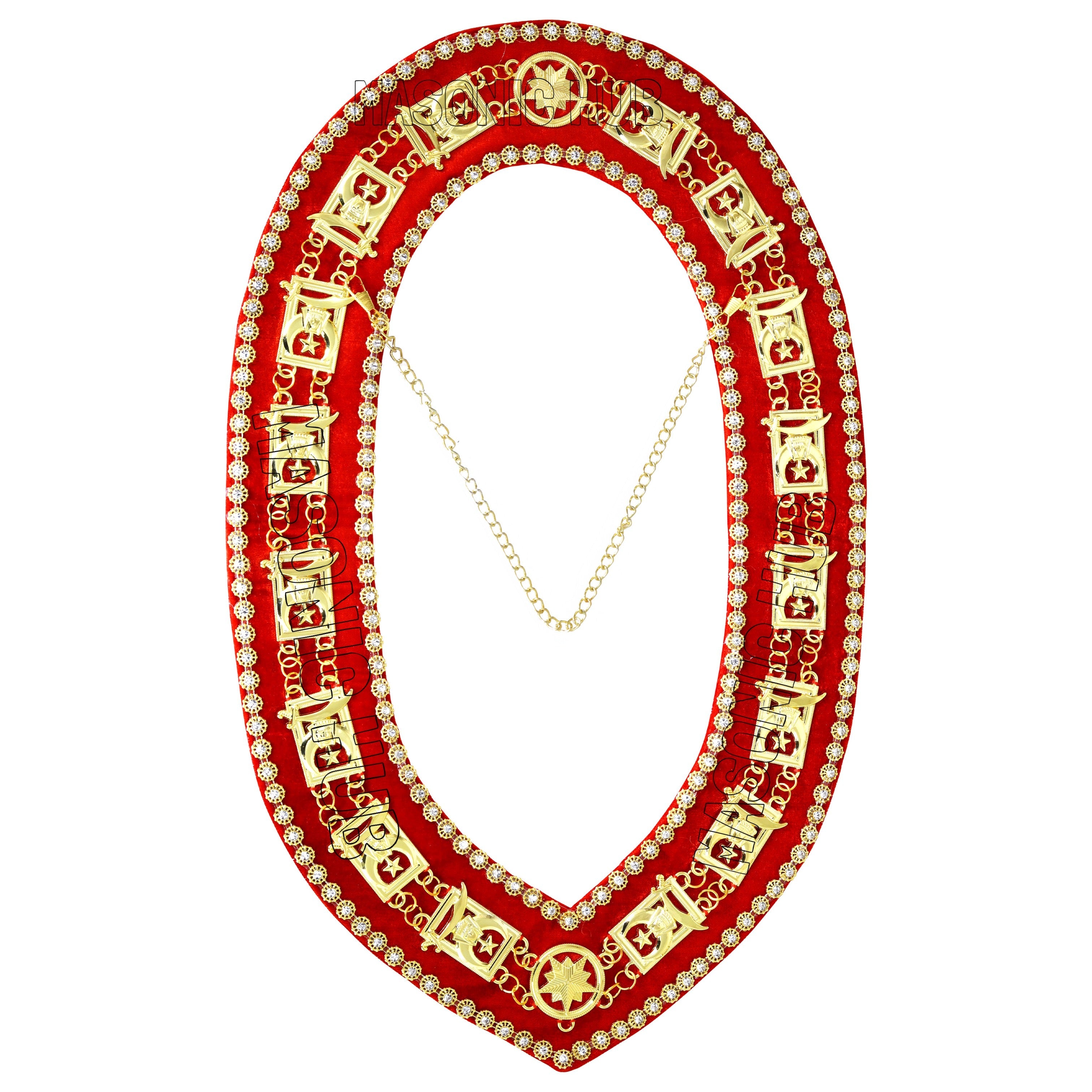 Masonic Shriner Chain Collar – Gold Plated with Red Velvet & Rhinestone Trim Masonic Hub