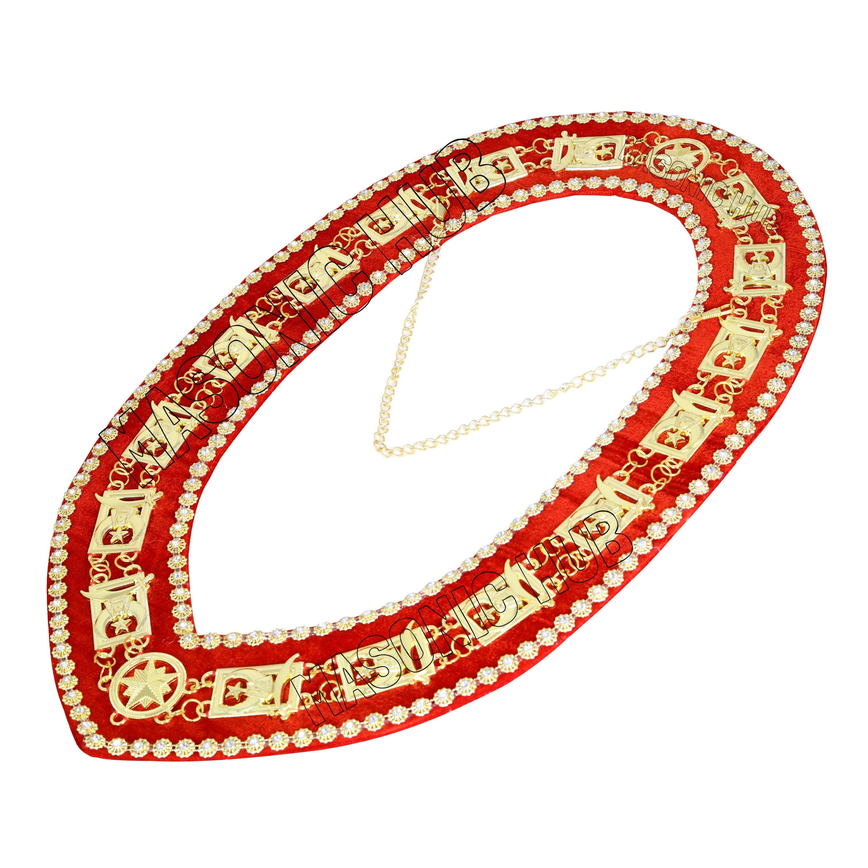 Masonic Shriner Chain Collar – Gold Plated with Red Velvet & Rhinestone Trim Masonic Hub