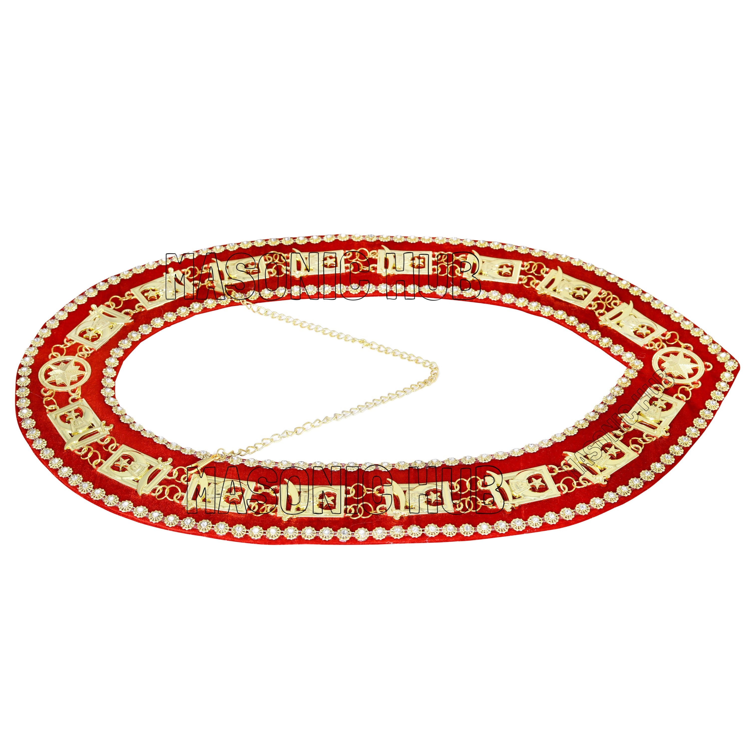 Masonic Shriner Chain Collar – Gold Plated with Red Velvet & Rhinestone Trim Masonic Hub