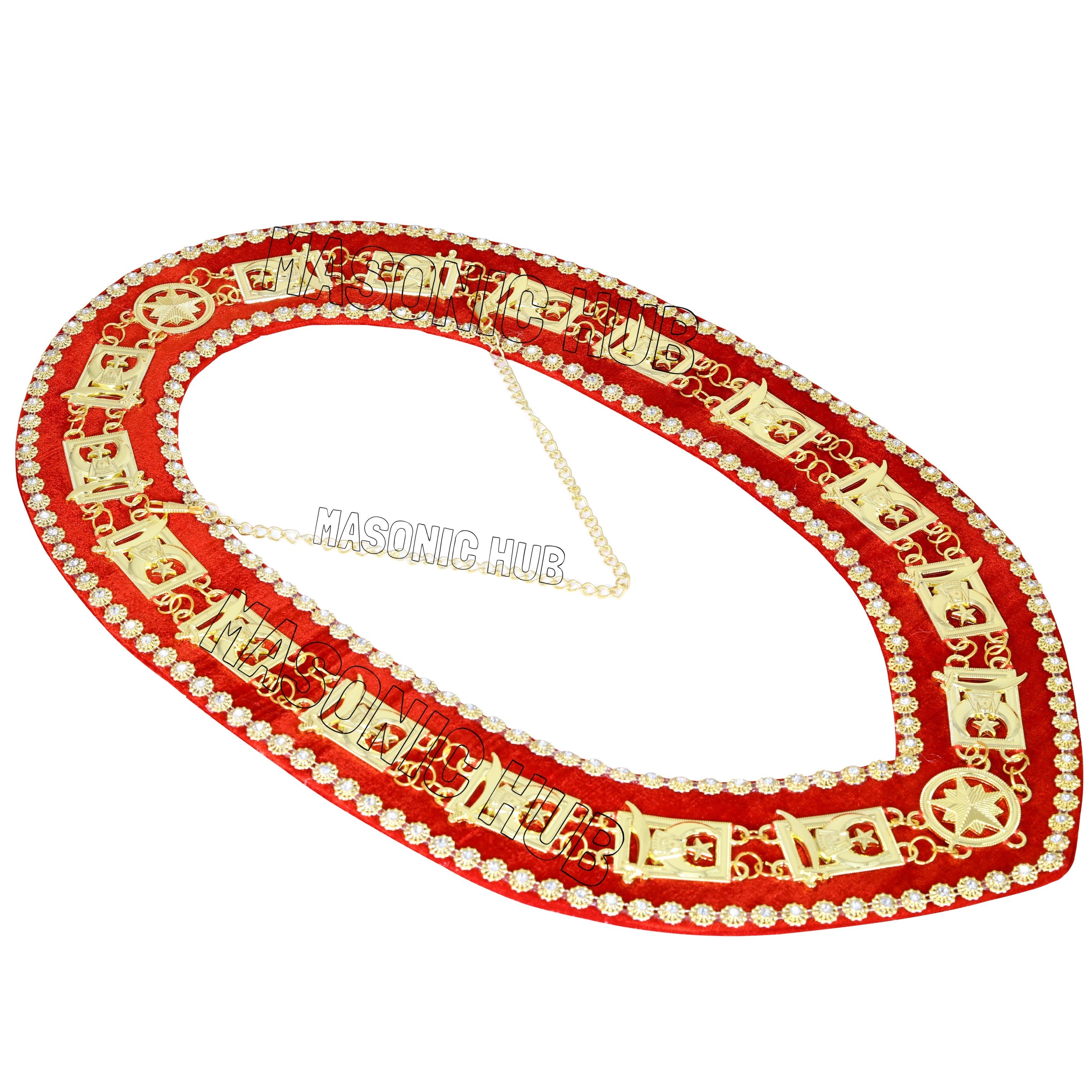 Masonic Shriner Chain Collar – Gold Plated with Red Velvet & Rhinestone Trim Masonic Hub