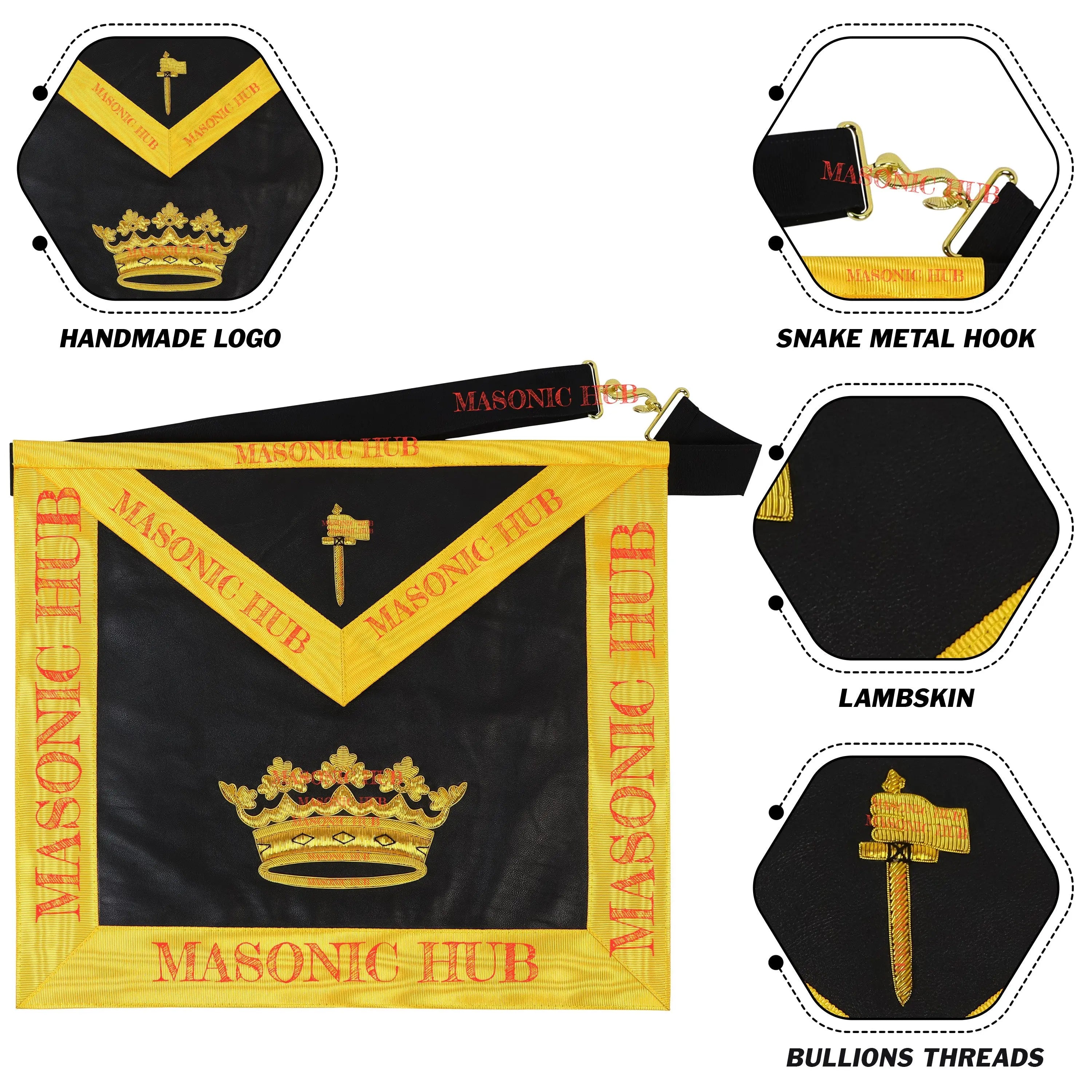 Grand Tiler of Solomon Masonic Apron - 100% Lambskin, Hand-Embroidered Gold Bullion AMD Regalia Masonic Hub
