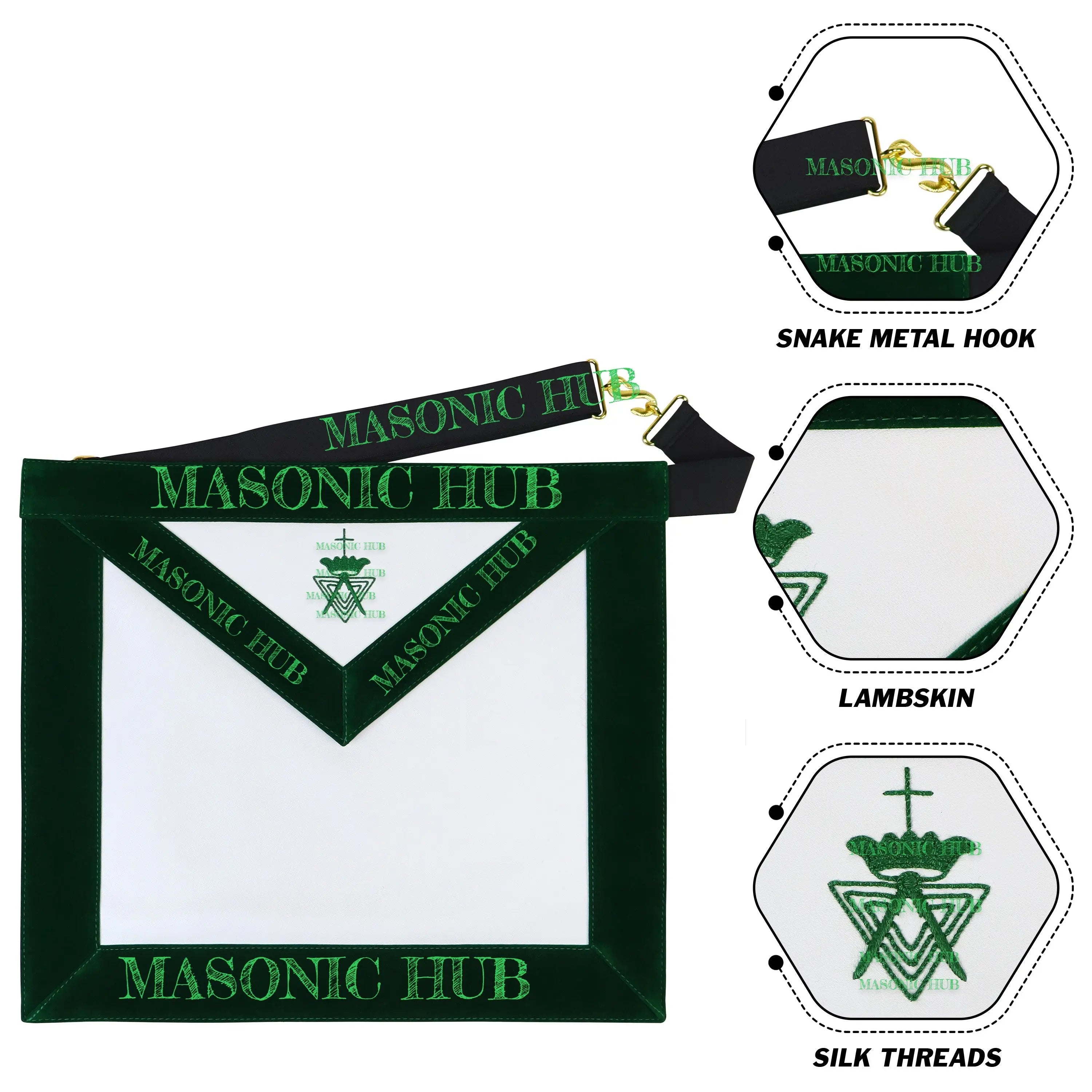 Allied Masonic Degrees (AMD) Member Apron – Dark Green Velvet Border – Freemason Masonic Hub