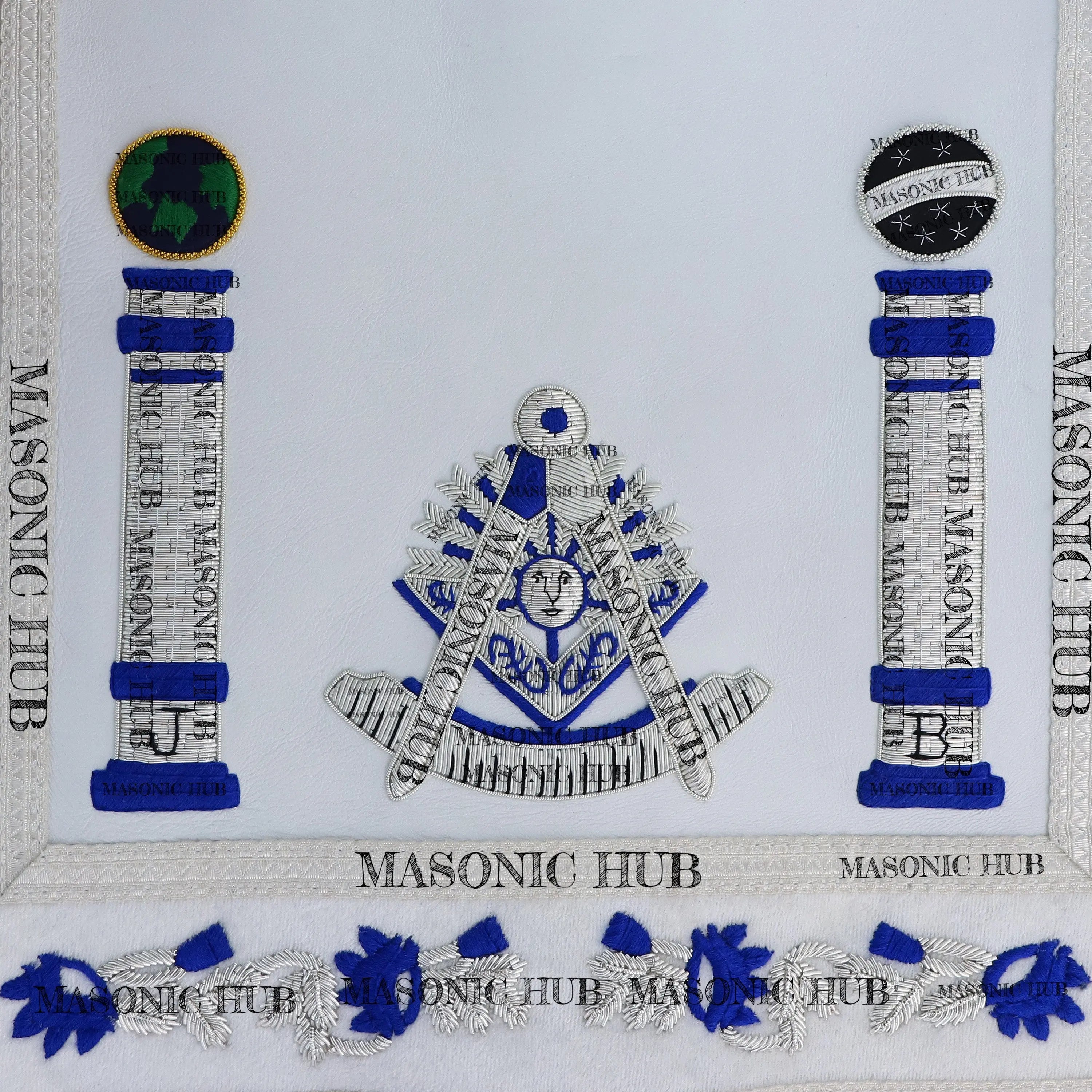 Past Master Lambskin Apron with Sunburst Emblem, Pillars, Silver Bullion Fringe & Eye Flap – Masonic Hub Masonic Hub