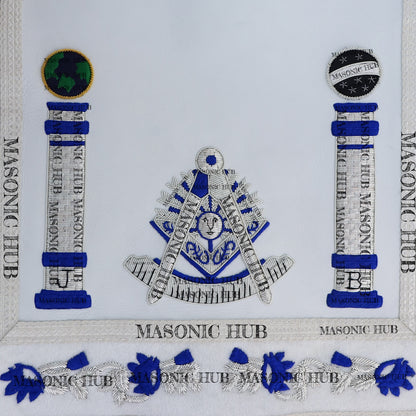 Past Master Lambskin Apron with Sunburst Emblem, Pillars, Silver Bullion Fringe & Eye Flap – Masonic Hub