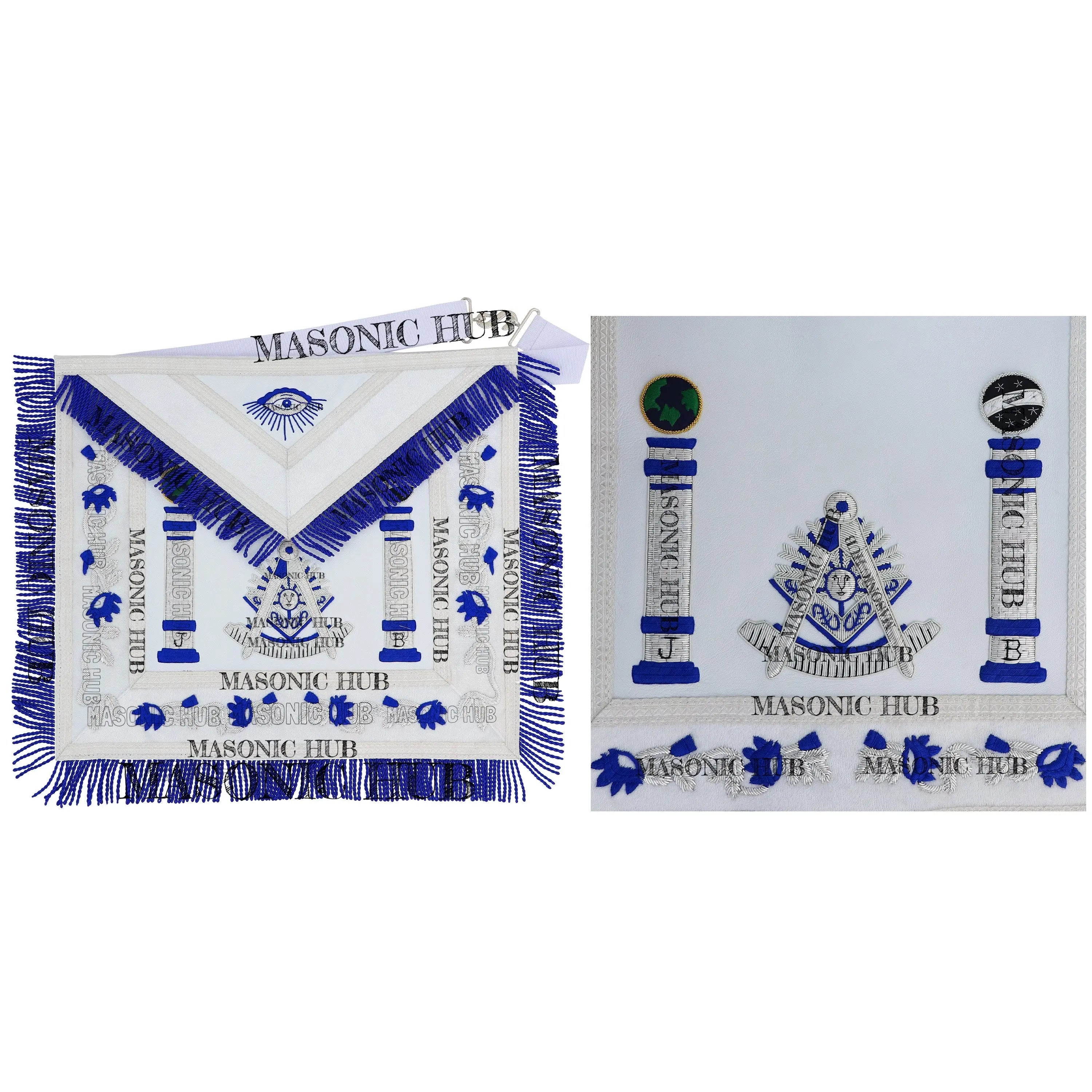Past Master Lambskin Apron with Sunburst Emblem, Pillars, Silver Bullion Fringe & Eye Flap – Masonic Hub Masonic Hub