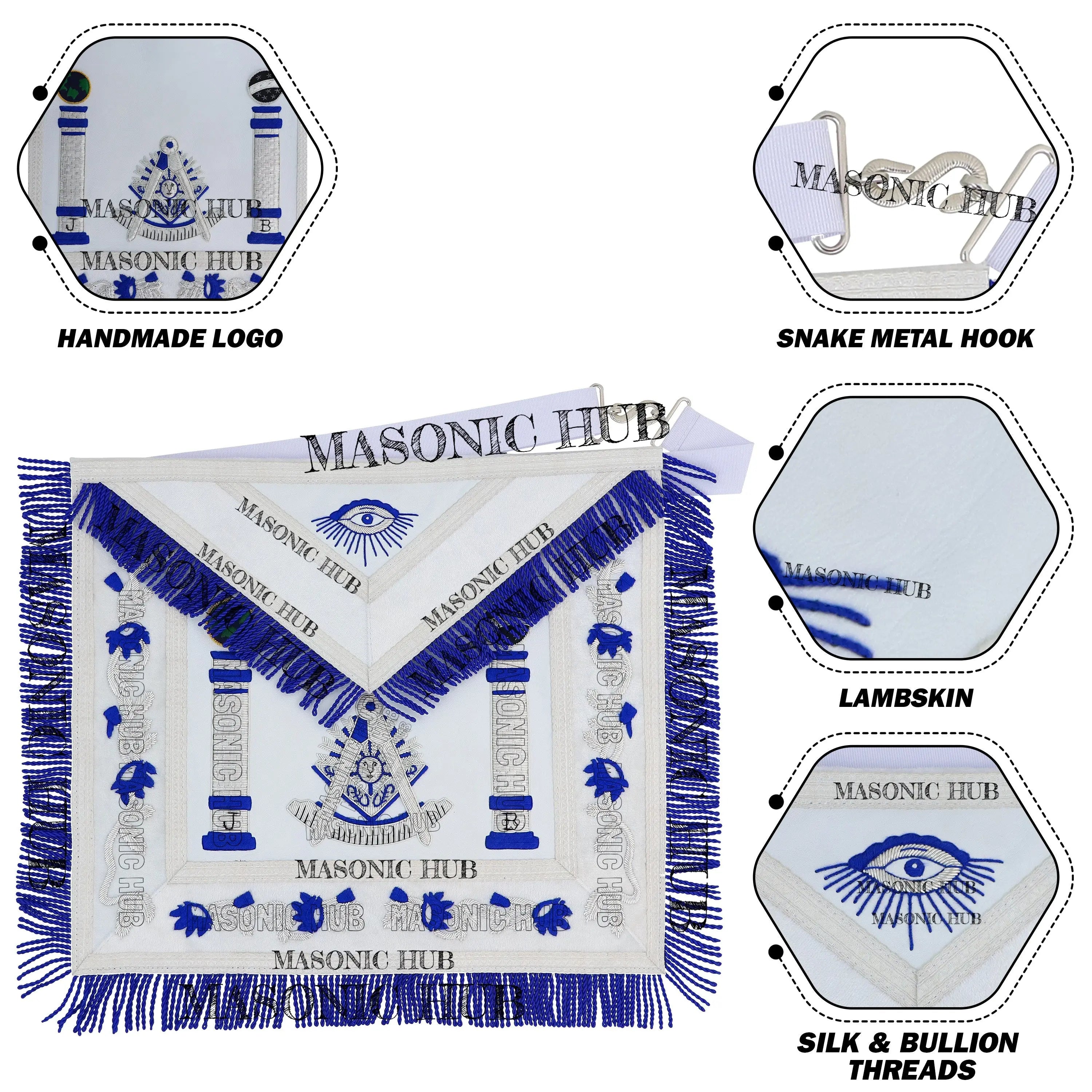 Past Master Lambskin Apron with Sunburst Emblem, Pillars, Silver Bullion Fringe & Eye Flap – Masonic Hub Masonic Hub