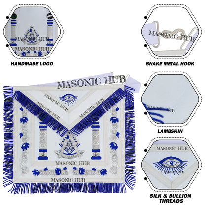 Past Master Lambskin Apron with Sunburst Emblem, Pillars, Silver Bullion Fringe & Eye Flap – Masonic Hub