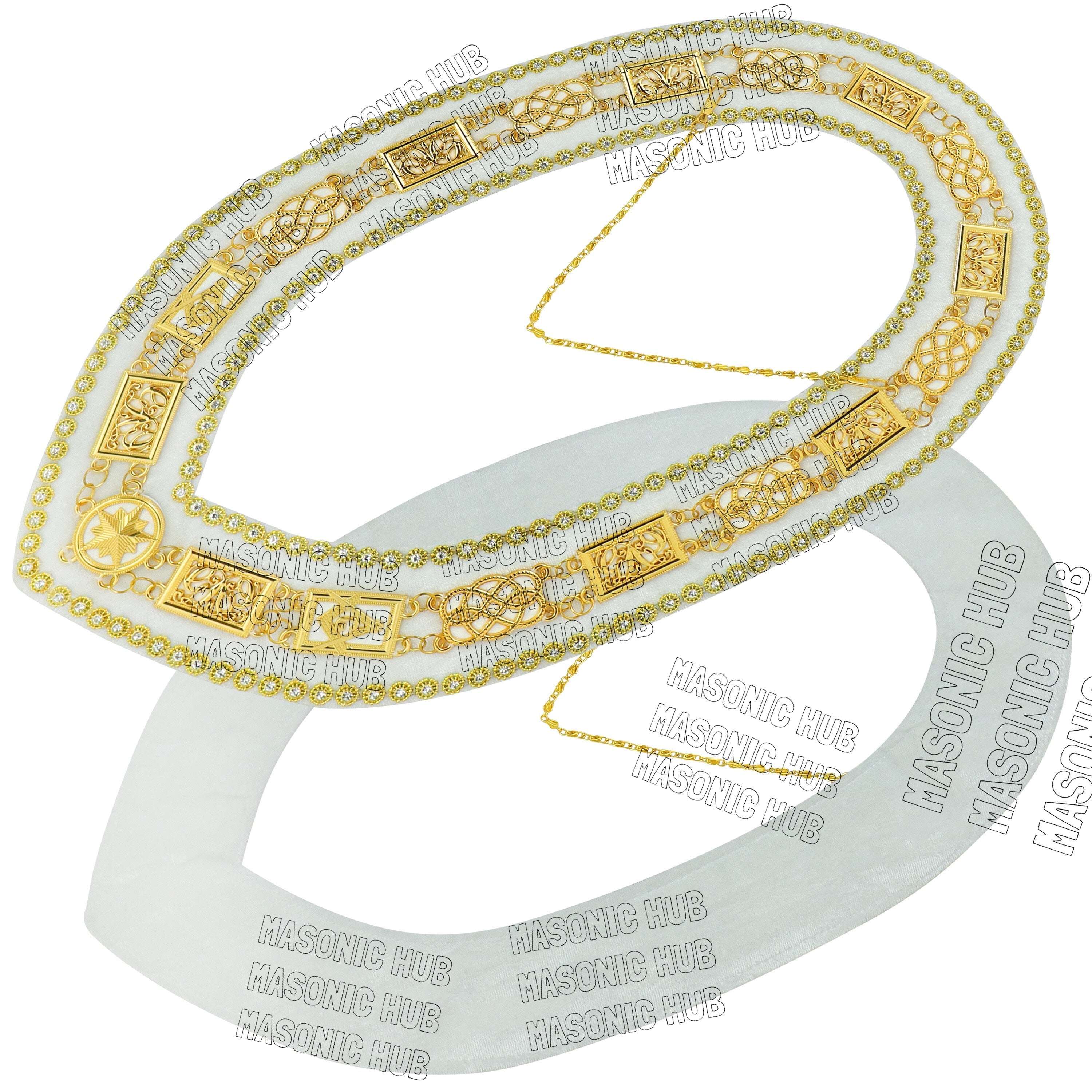 Masonic Grand Lodge Past Master Metal Chain Collar White Backing With Rhinestones & White Sheet Masonic Hub