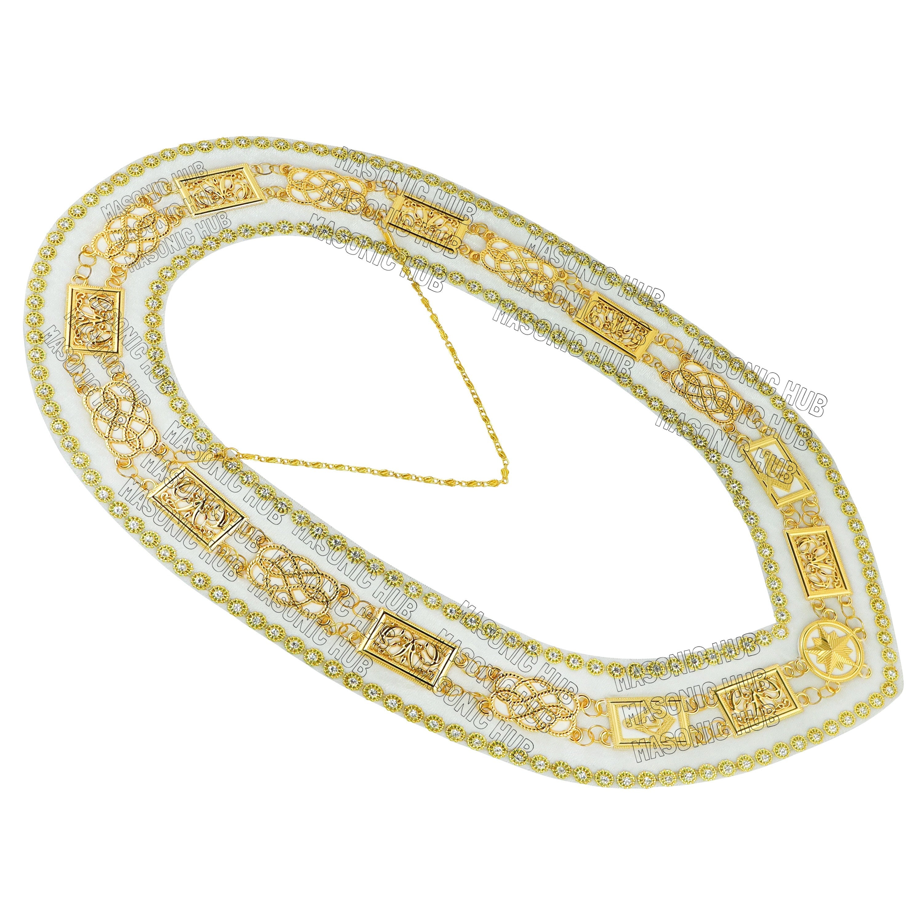 Masonic Grand Lodge Past Master Metal Chain Collar White Backing With Rhinestones & White Sheet Masonic Hub