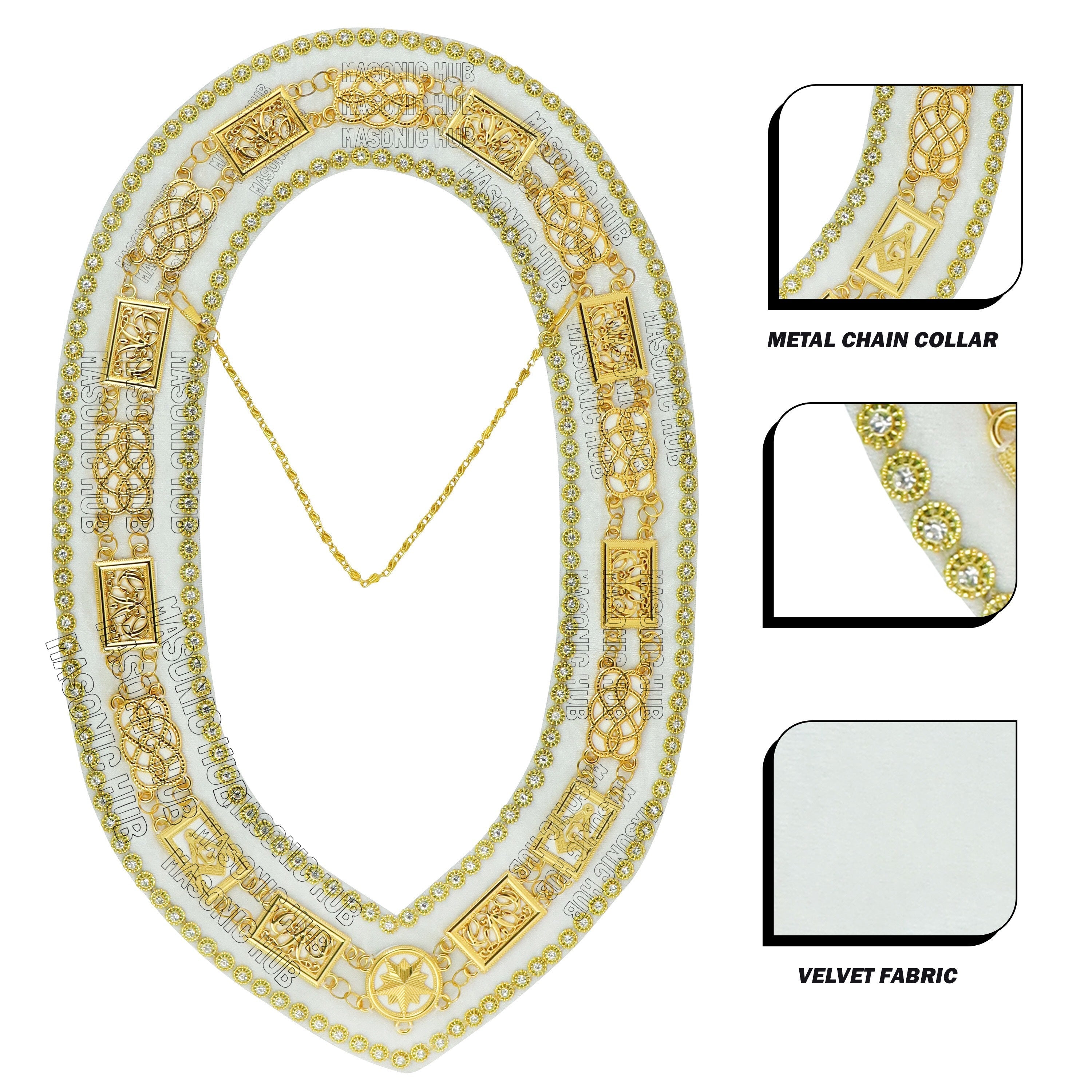 Masonic Grand Lodge Past Master Metal Chain Collar White Backing With Rhinestones & White Sheet Masonic Hub