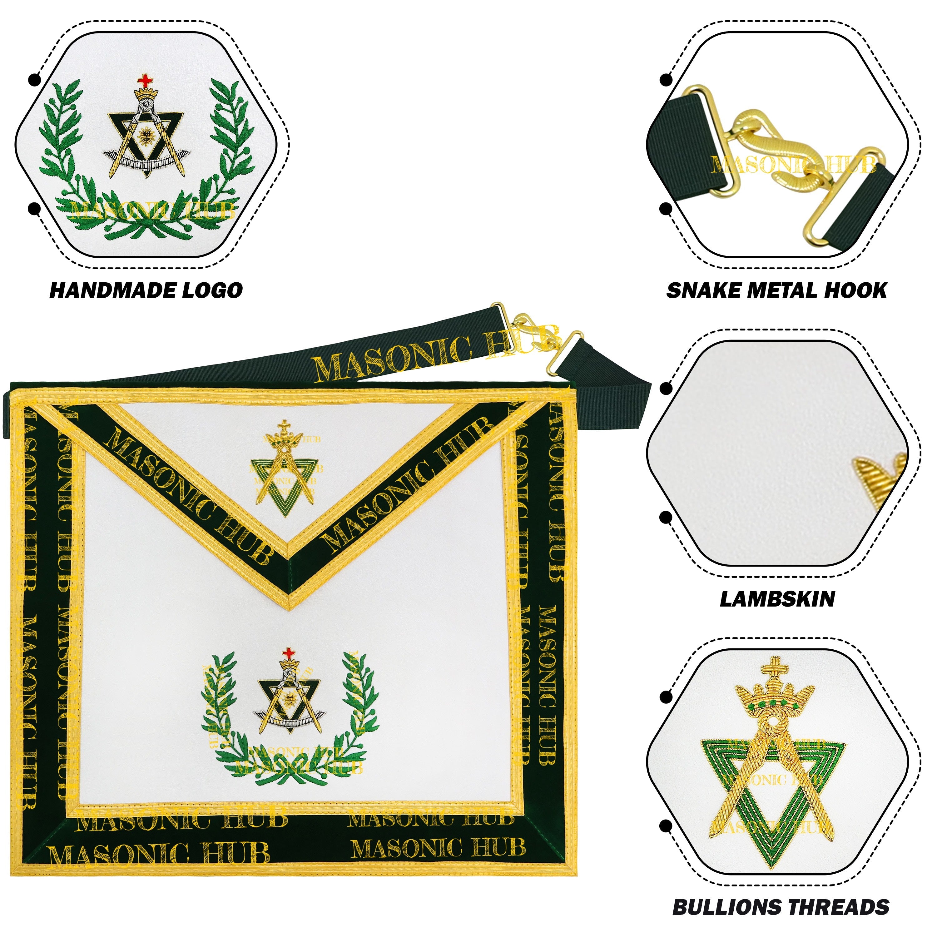 Sovereign Master Allied Masonic Degrees Apron -Lambskin, Green Velvet, Gold Trim Masonic Hub