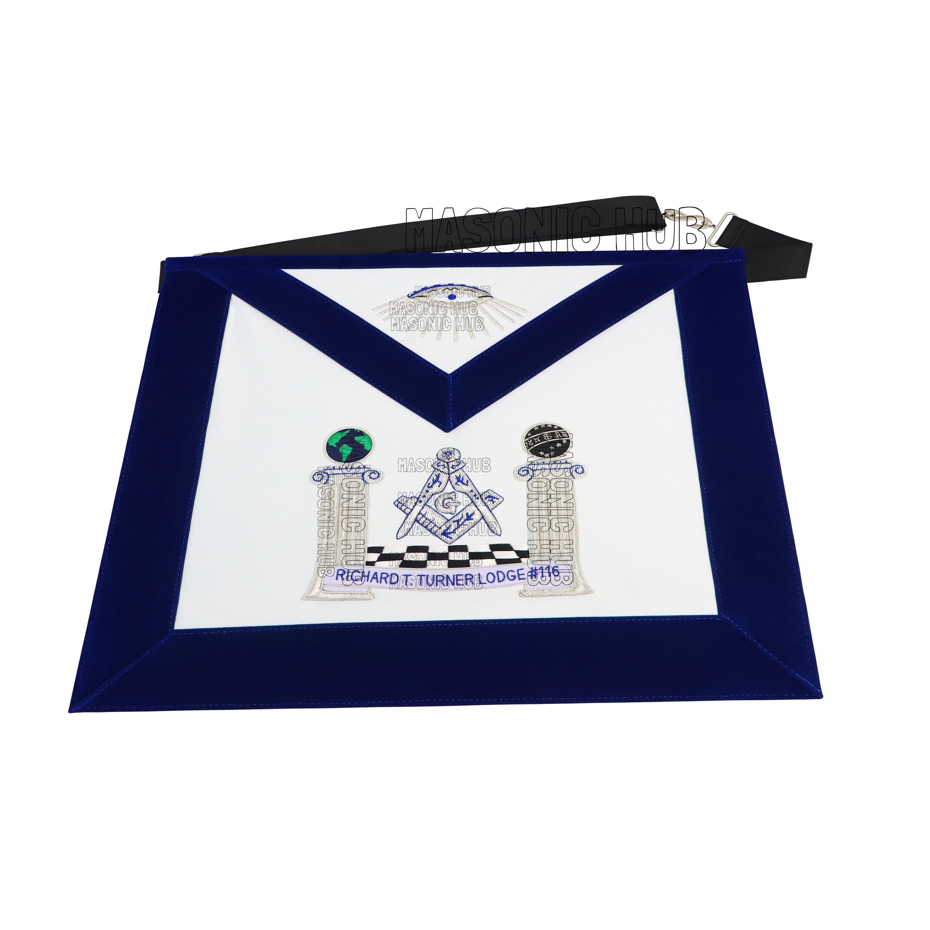 Hand-Embroidered Masonic Master Mason Apron Blue Velvet Trim, Custom Lodge Name My Store