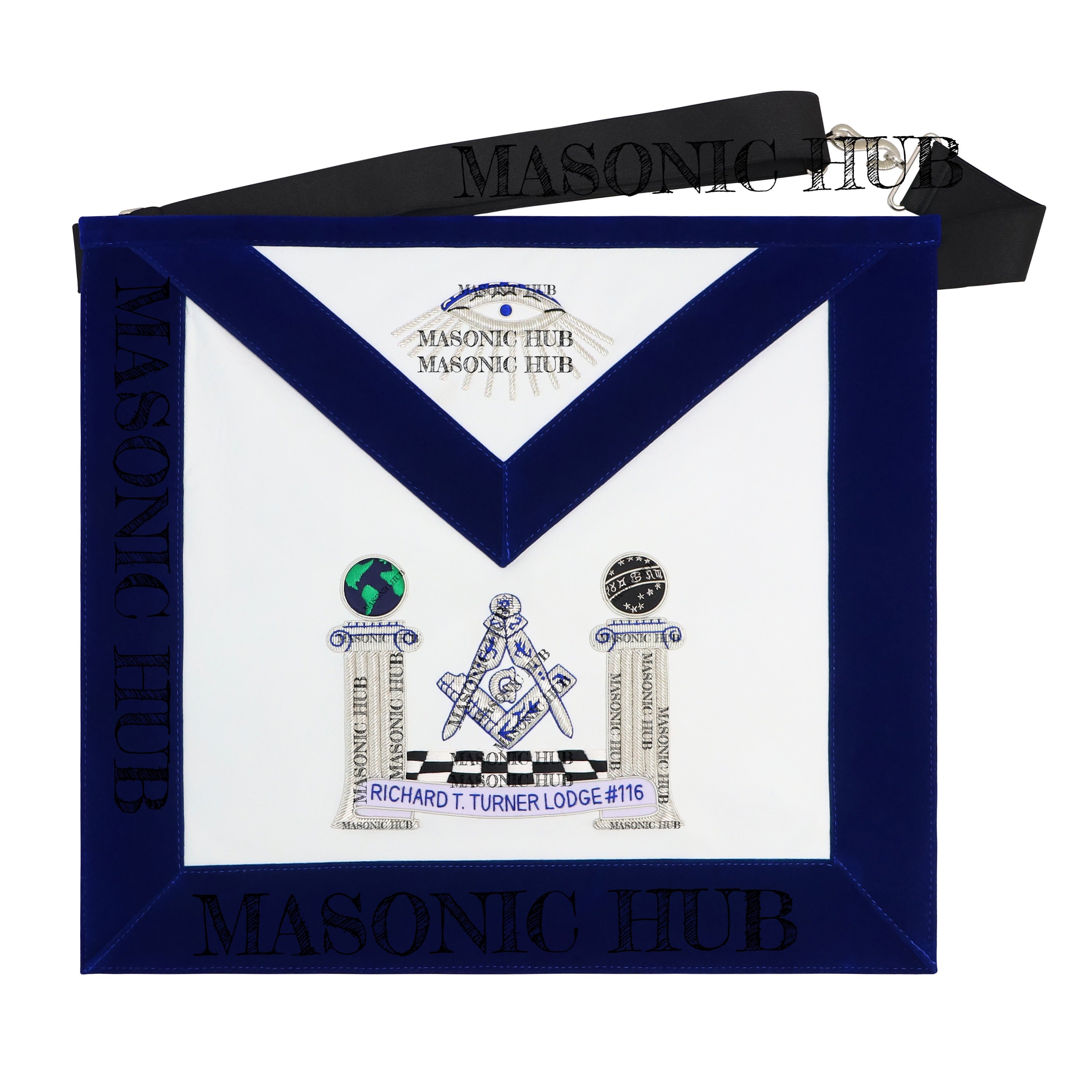 Hand-Embroidered Masonic Master Mason Apron Blue Velvet Trim, Custom Lodge Name My Store