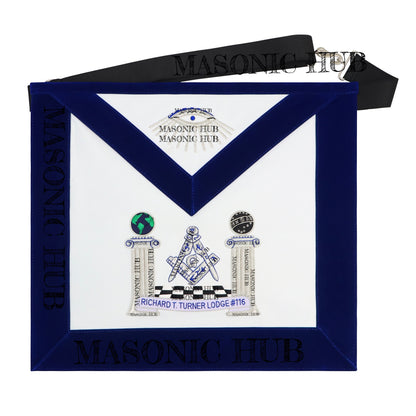 Hand-Embroidered Masonic Master Mason Apron Blue Velvet Trim, Custom Lodge Name