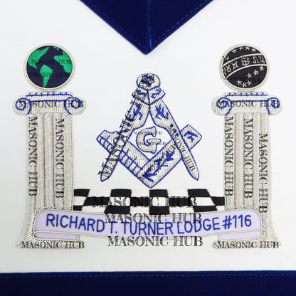 Hand-Embroidered Masonic Master Mason Apron Blue Velvet Trim, Custom Lodge Name