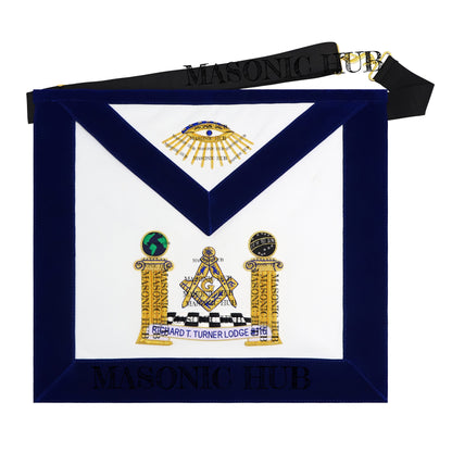 Hand-Embroidered Masonic Master Mason Apron Blue Velvet Trim, Custom Lodge Name