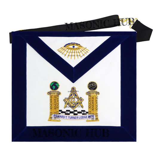 Hand-Embroidered Masonic Master Mason Apron Blue Velvet Trim, Custom Lodge Name