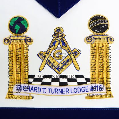 Hand-Embroidered Masonic Master Mason Apron Blue Velvet Trim, Custom Lodge Name