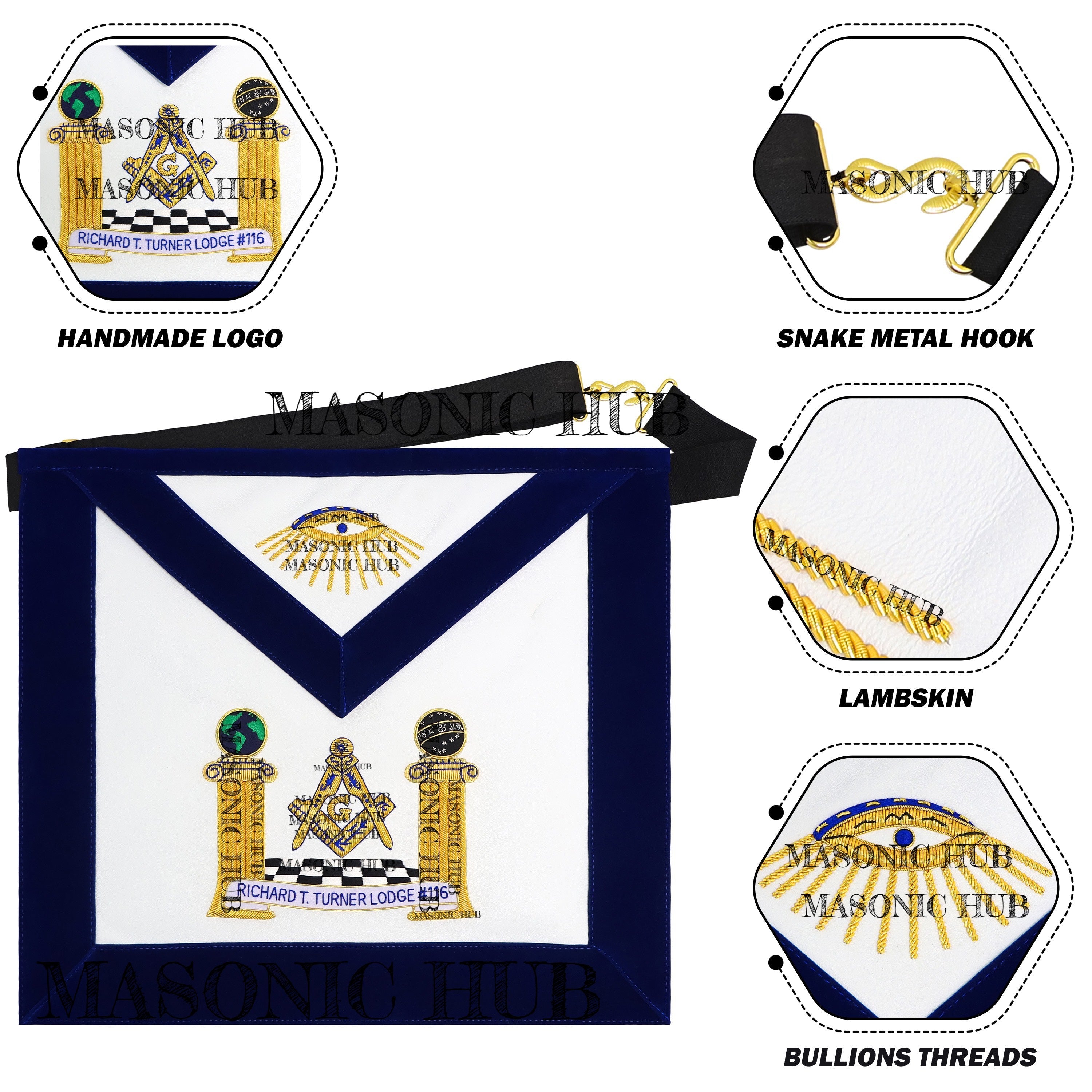 Hand-Embroidered Masonic Master Mason Apron Blue Velvet Trim, Custom Lodge Name My Store