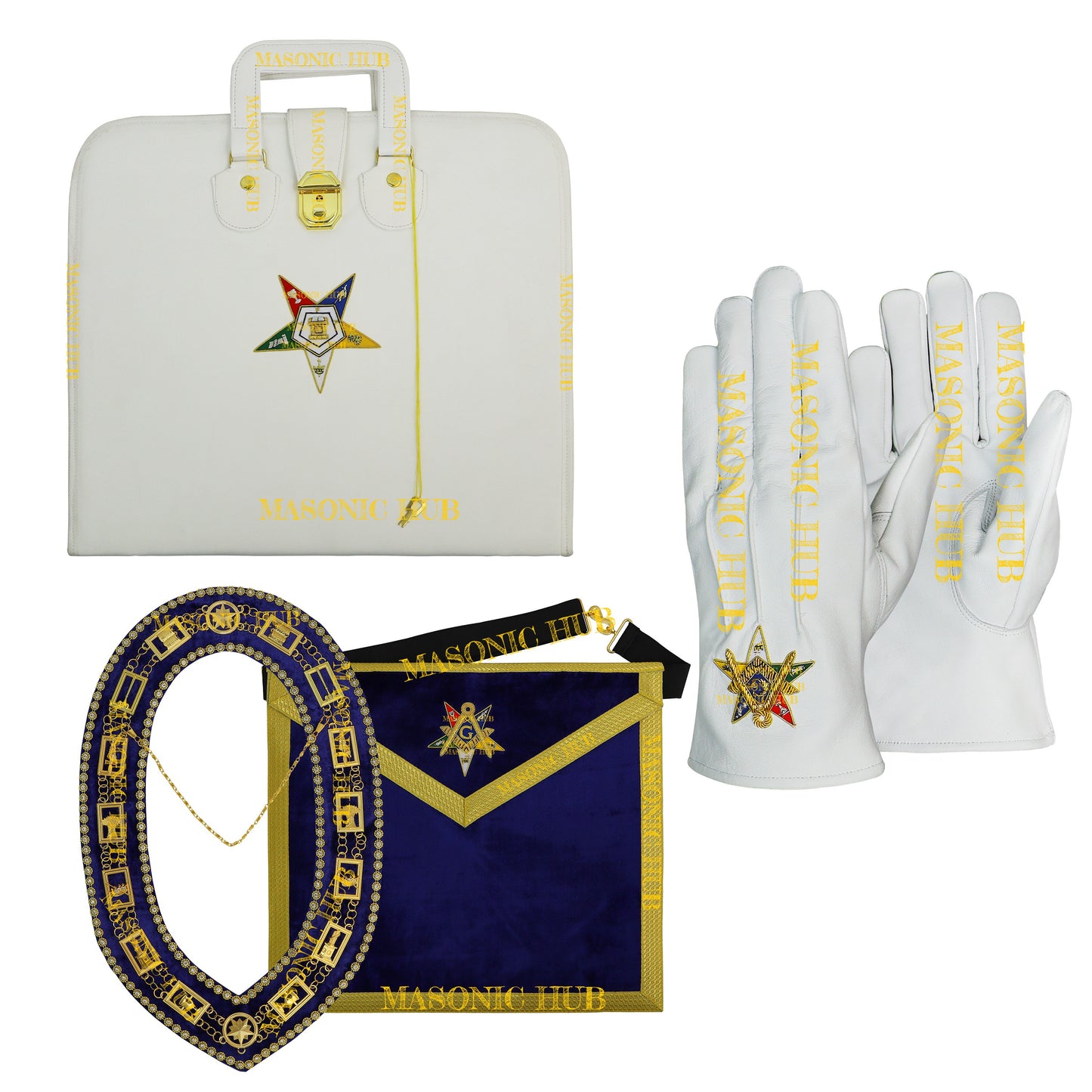 Handmade OES Masonic Apron Set – Eastern Star Apron with G Compass & Square, Chain Collar, Gloves, , and Apron Case