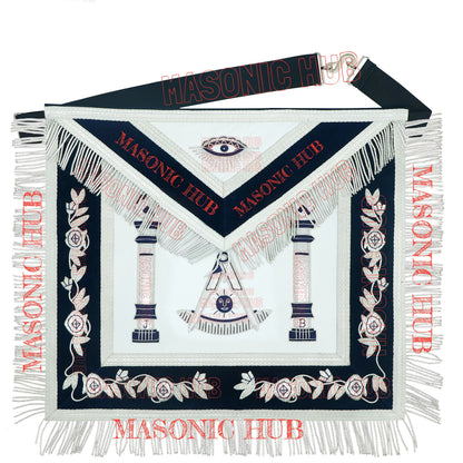 Masonic Past Master Apron Compass and Quadrant Hand-Embroidered Freemason Regalia, Navy Blue Velvet Lambskin Apron