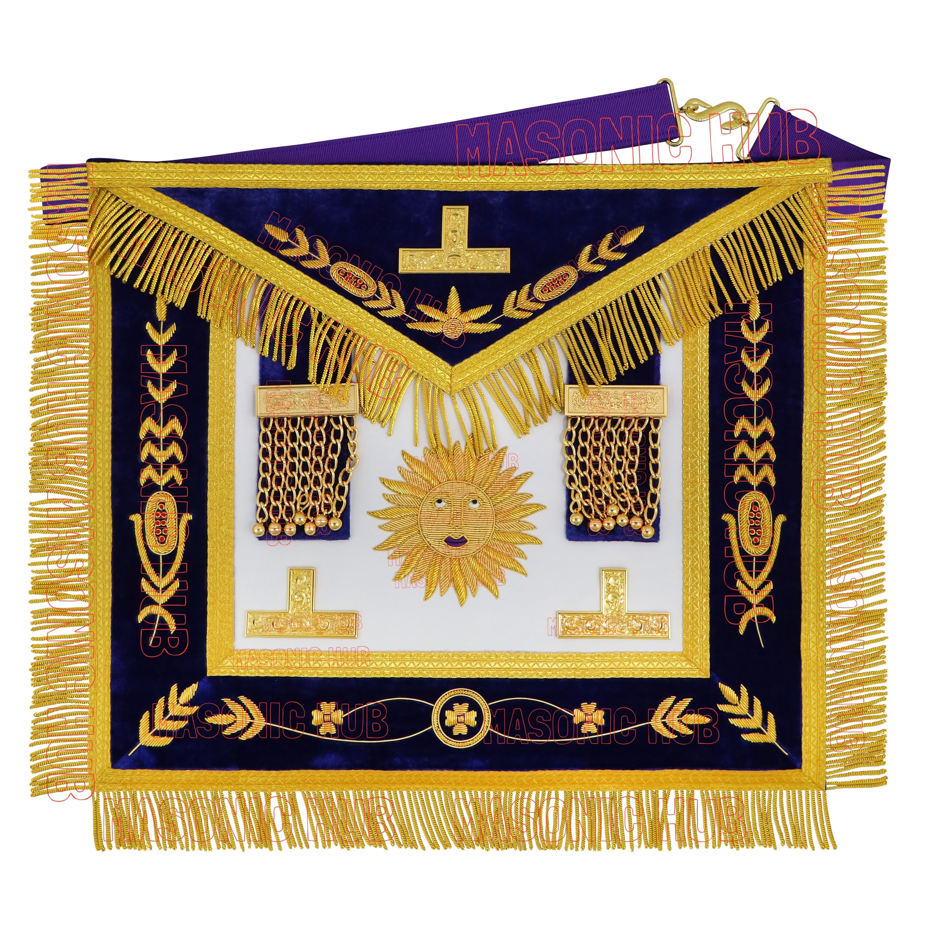 Masonic Past Master Apron & Chain Collar Set - Sun Emblem - Wine Work - Hand-Embroidered Lambskin - Purple Velvet - Freemason Regalia Masonic Hub