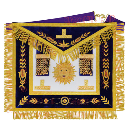 Masonic Past Master Apron & Chain Collar Set - Sun Emblem - Wine Work - Hand-Embroidered Lambskin - Purple Velvet - Freemason Regalia