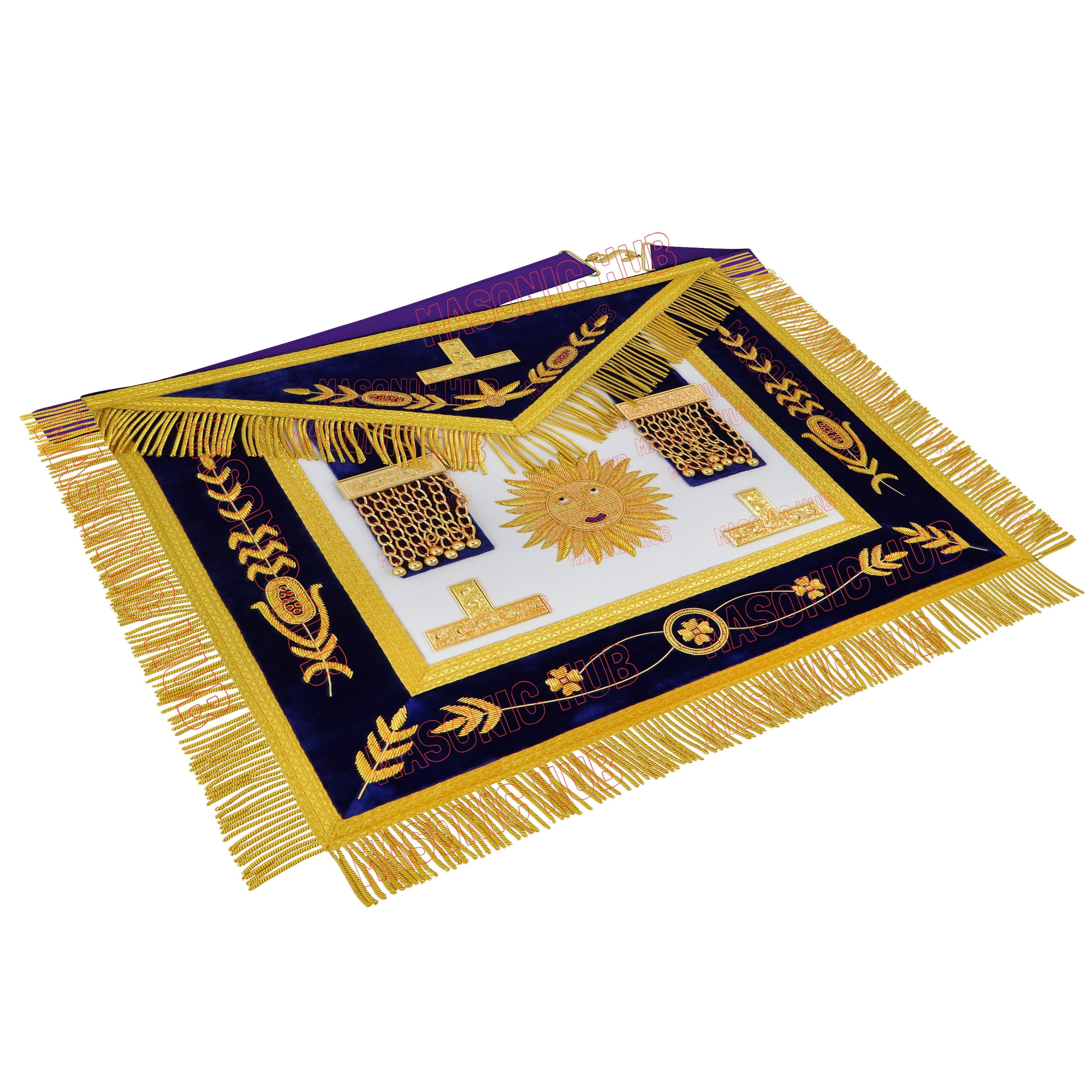 Masonic Past Master Apron & Chain Collar Set - Sun Emblem - Wine Work - Hand-Embroidered Lambskin - Purple Velvet - Freemason Regalia Masonic Hub
