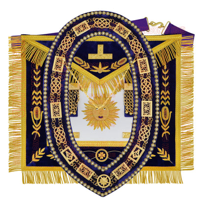 Masonic Past Master Apron & Chain Collar Set - Sun Emblem - Wine Work - Hand-Embroidered Lambskin - Purple Velvet - Freemason Regalia