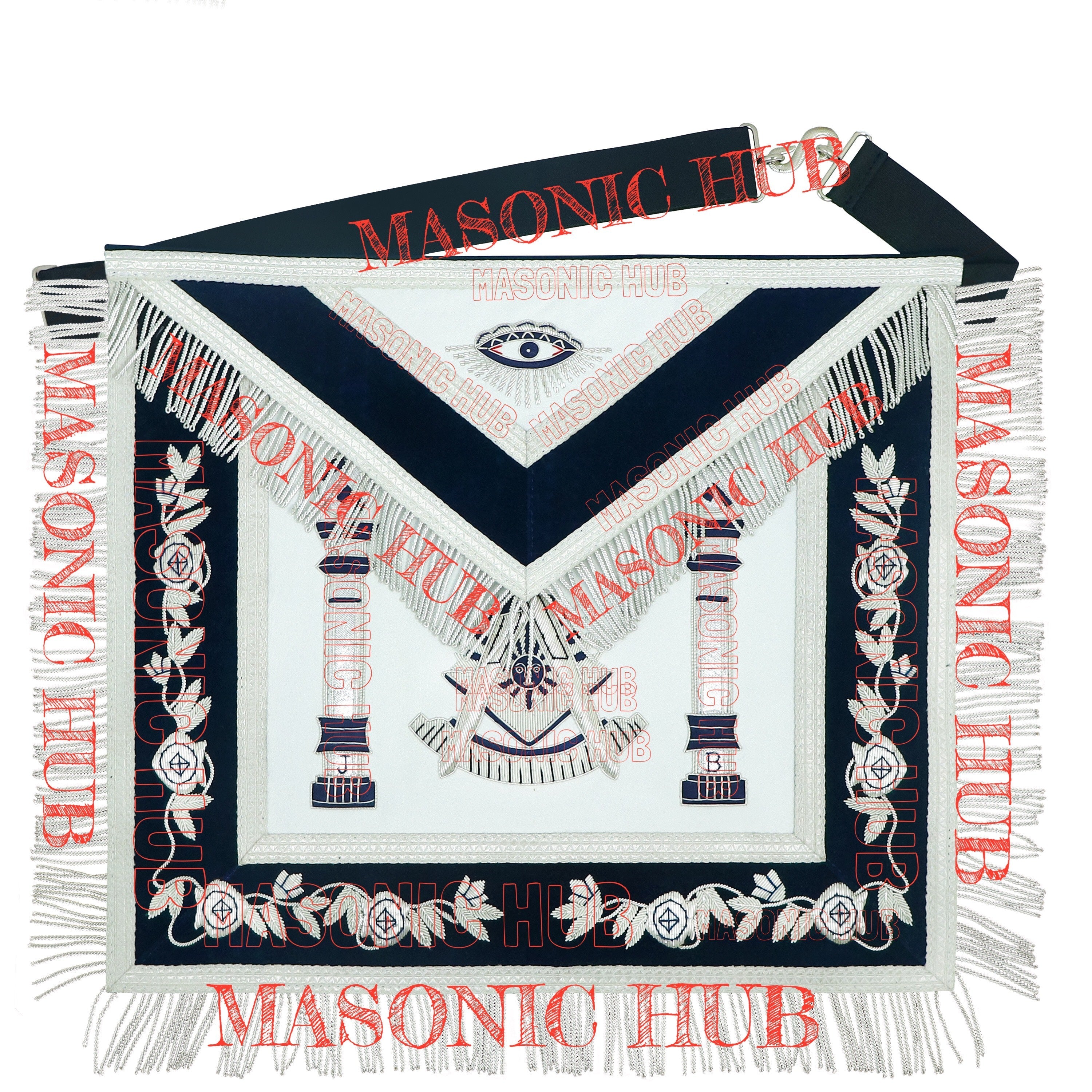 Masonic Past Master Lambskin Leather Apron - Hand Embroidered Freemason Regalia - Navy Blue Velvet My Store